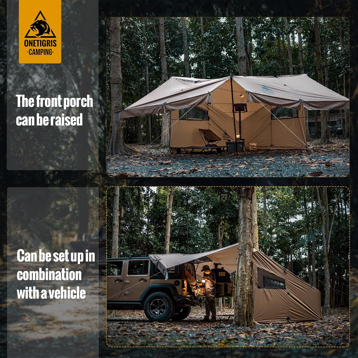 OneTigris COZSHACK เต็นท์ร้อน เต็นท์ขนาดใหญ่สำหรับ 4 คน พร้อมช่องสำหรับเตา เต็นท์กันลม กันน้ำ สำหรับการตั้งแคมป์ด้วยเตาไม้แบบ Bushcraft การเดินทางด้วยรถบรรทุก ครอบครัว