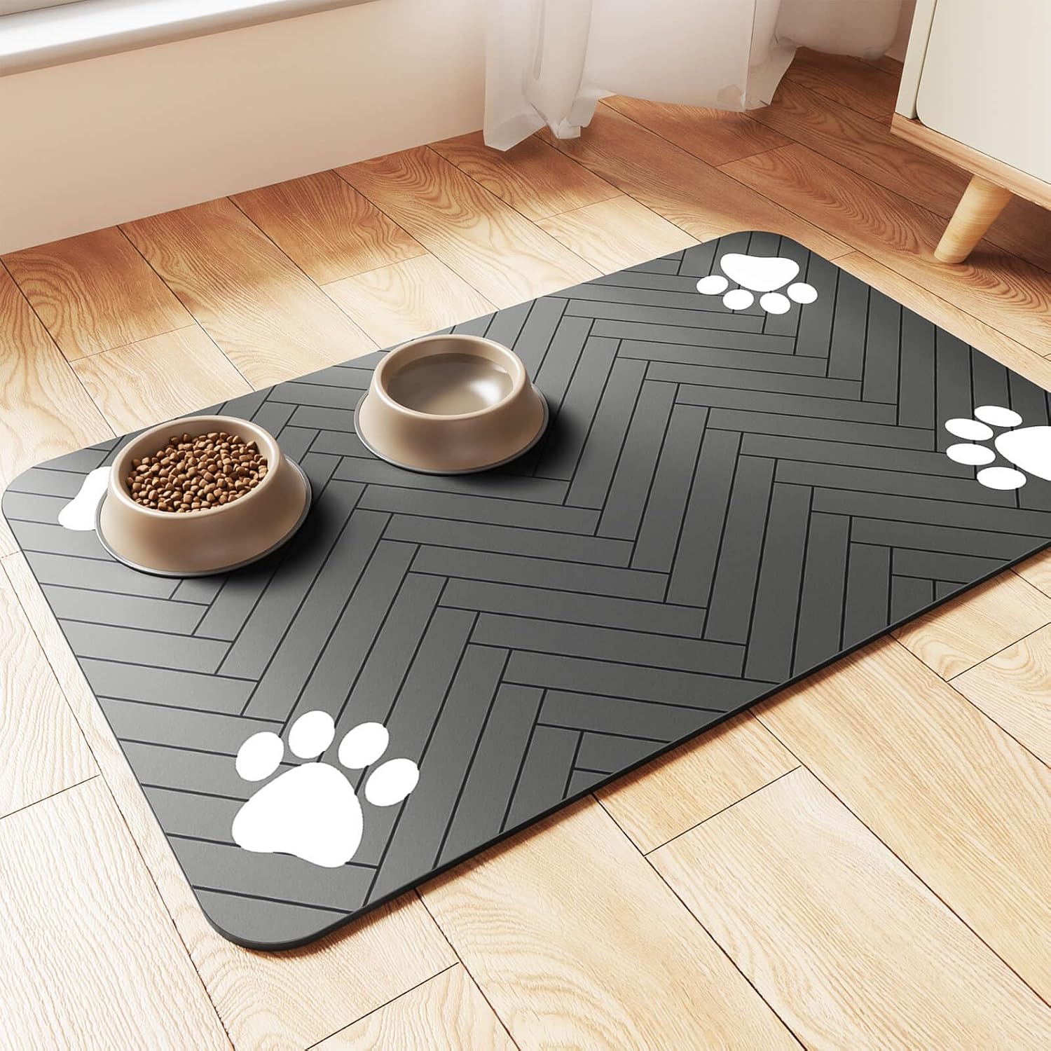 Pet Feeding Mat-Absorbent Pet Placemat for Food and Water Bowl, with Waterproof Rubber Backing, Quick Dry Water Dispenser Mat for Dog and Cat (12x20", Striped Dark Gray) · v3