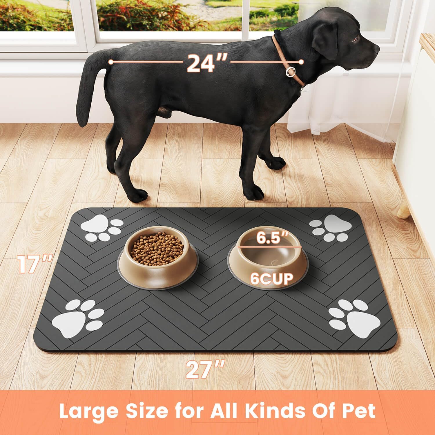 Pet Feeding Mat-Absorbent Pet Placemat for Food and Water Bowl, with Waterproof Rubber Backing, Quick Dry Water Dispenser Mat for Dog and Cat (12x20", Striped Dark Gray) · v3