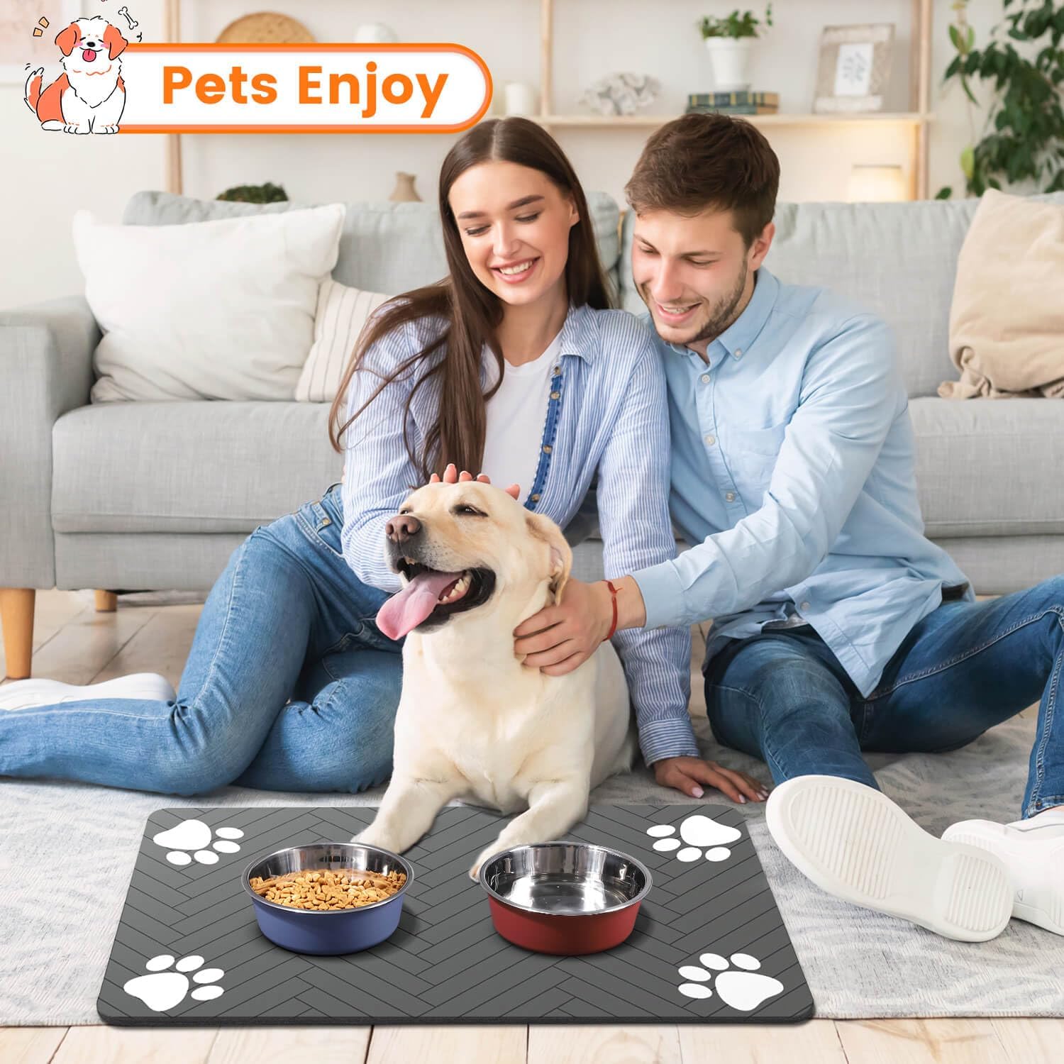 Pet Feeding Mat-Absorbent Pet Placemat for Food and Water Bowl, with Waterproof Rubber Backing, Quick Dry Water Dispenser Mat for Dog and Cat (12x20", Striped Dark Gray) · v3