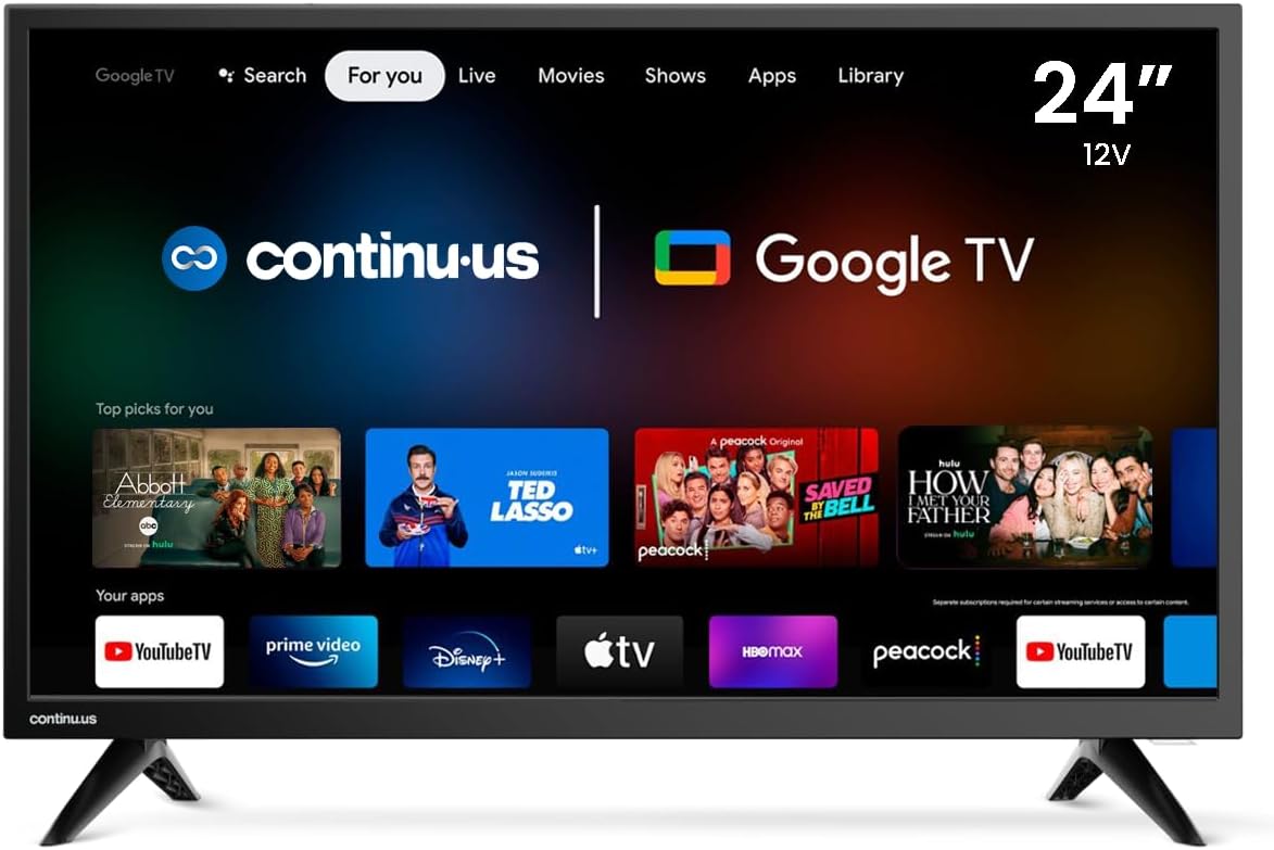 โทรทัศน์สมาร์ททีวี 24 นิ้วสำหรับ RV 12V จาก Continu.us | โทรทัศน์ Android Google 12V ความละเอียด 720p พร้อม Google Assistant แอพสตรีมมิ่ง Chromecast ฟรี | ออกแบบมาสำหรับ RV รถบ้าน เรือ และอื่นๆ อีกมากมาย | CT-24TS10