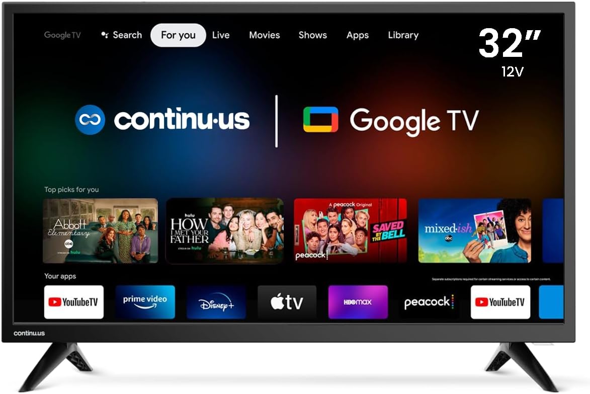 CONTINU.US Smart TV RV da 32 pollici | Televisore Android Google 12 Volt RV 720p con Google Assistant, app di streaming gratuite Chromecast | Smart TV per camper, camper, barche e altro | CT-32TS10