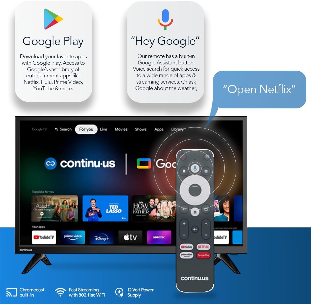 CONTINU.US 32-inch Smart 12V RV TV | 720p Android Google 12 Volt RV Television with Google Assistant, Chromecast  Free Streaming Apps | Smart TV for RVs, Campers, Boats and more | CT-32TS10 · v3