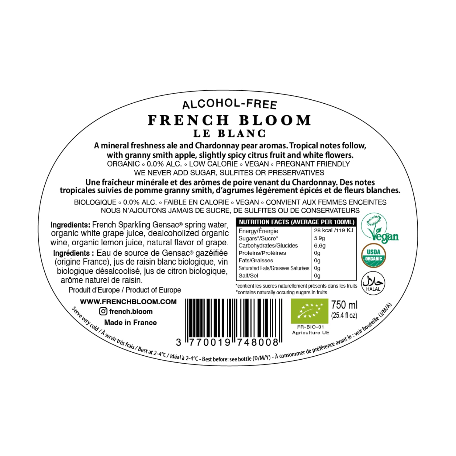 French Bloom Duo Set (1 Flasche Le Blanc, 1 Flasche Le Rosé) 0,0% alkoholfreier Sekt, 750 ml — aus kontrolliert biologischem Anbau, vegan, kalorienarm, schwangerschaftsfreundlich, sulfitfrei