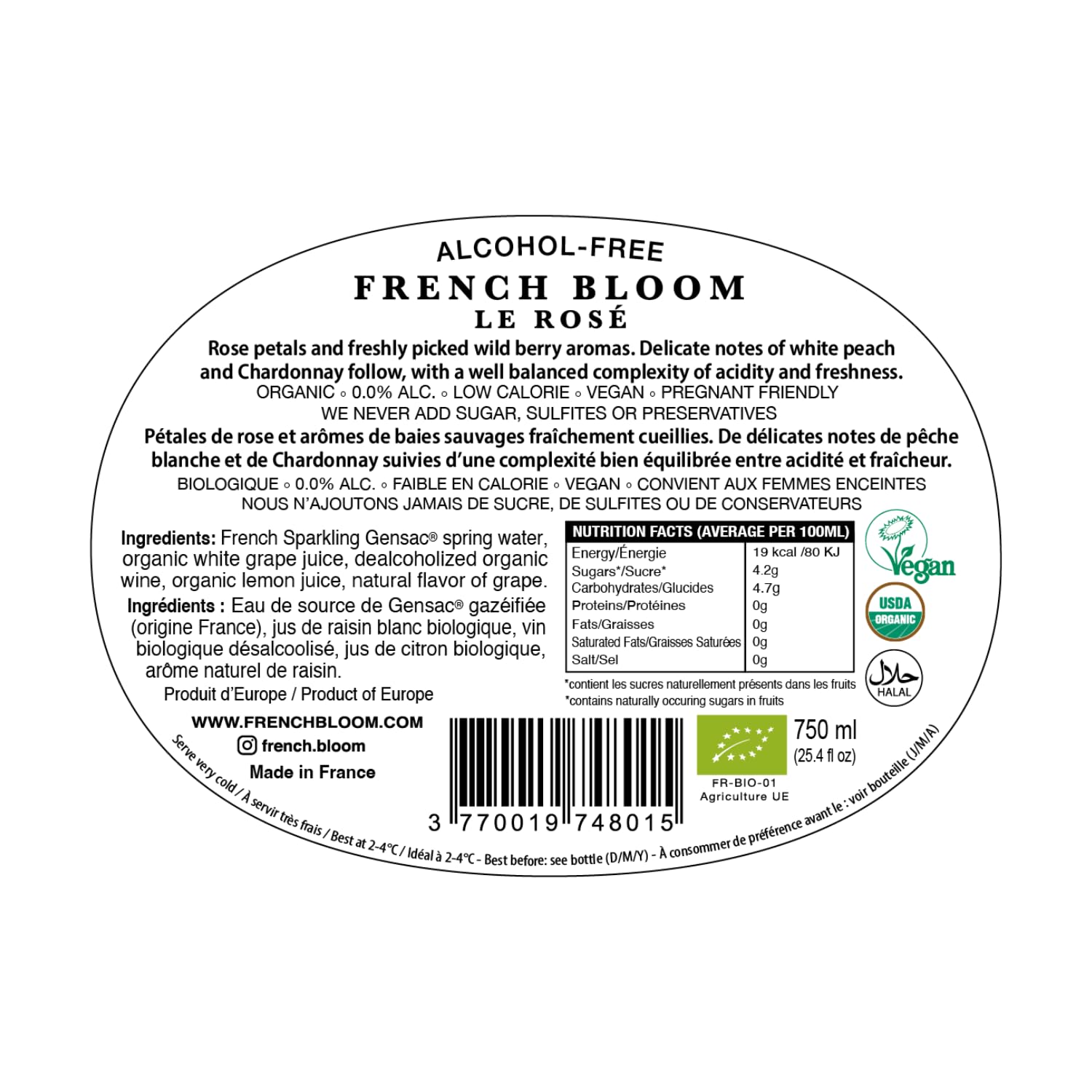 French Bloom Duo Set (1 Flasche Le Blanc, 1 Flasche Le Rosé) 0,0% alkoholfreier Sekt, 750 ml — aus kontrolliert biologischem Anbau, vegan, kalorienarm, schwangerschaftsfreundlich, sulfitfrei