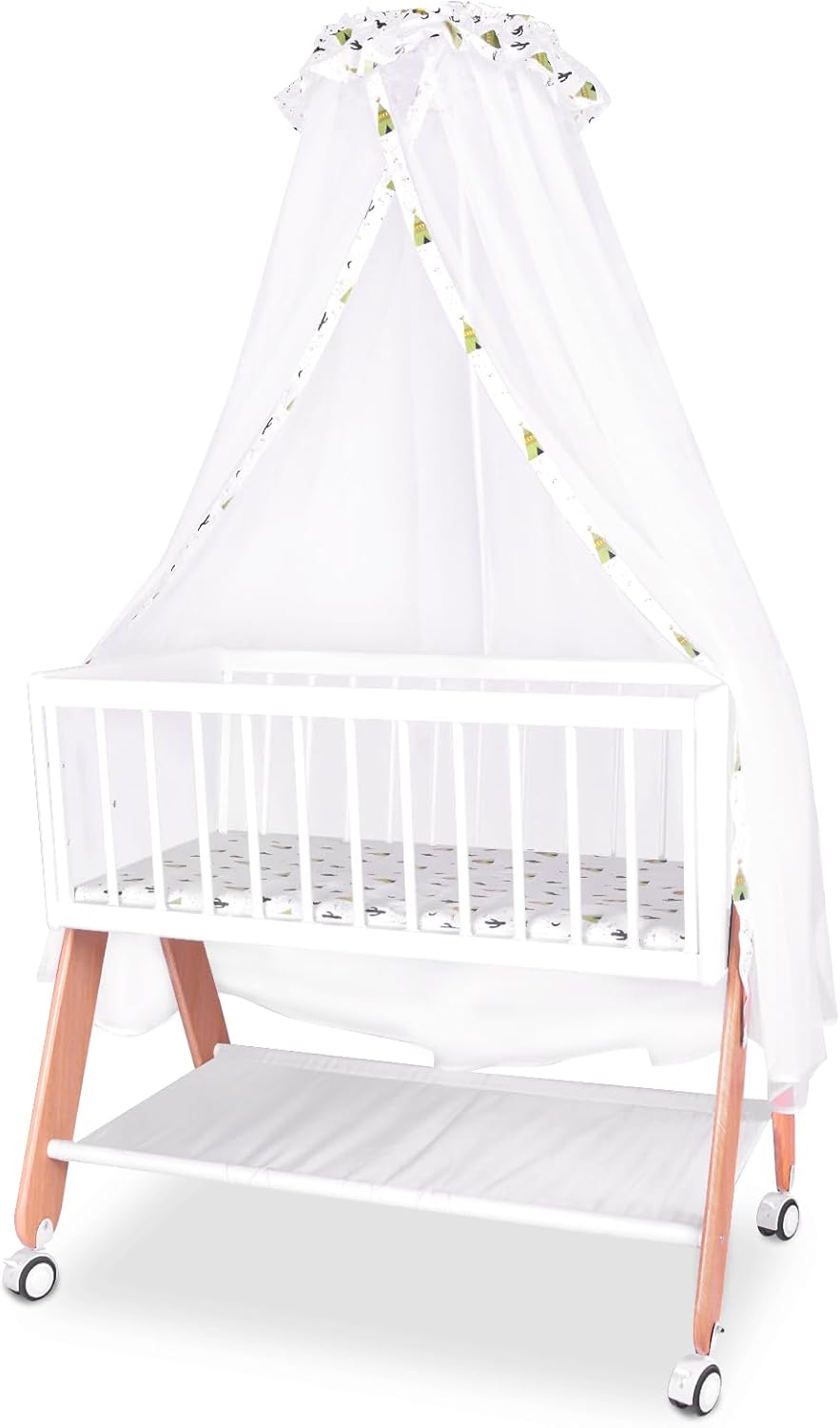 Wooden Bedside Bassinet Sleeper,Safe Stylish Baby Brib Bassinet with Locking Wheels,Mosquito Net,Large Storage Basket,Mattress Pad Included,Bassinet for Newborn and Infants
