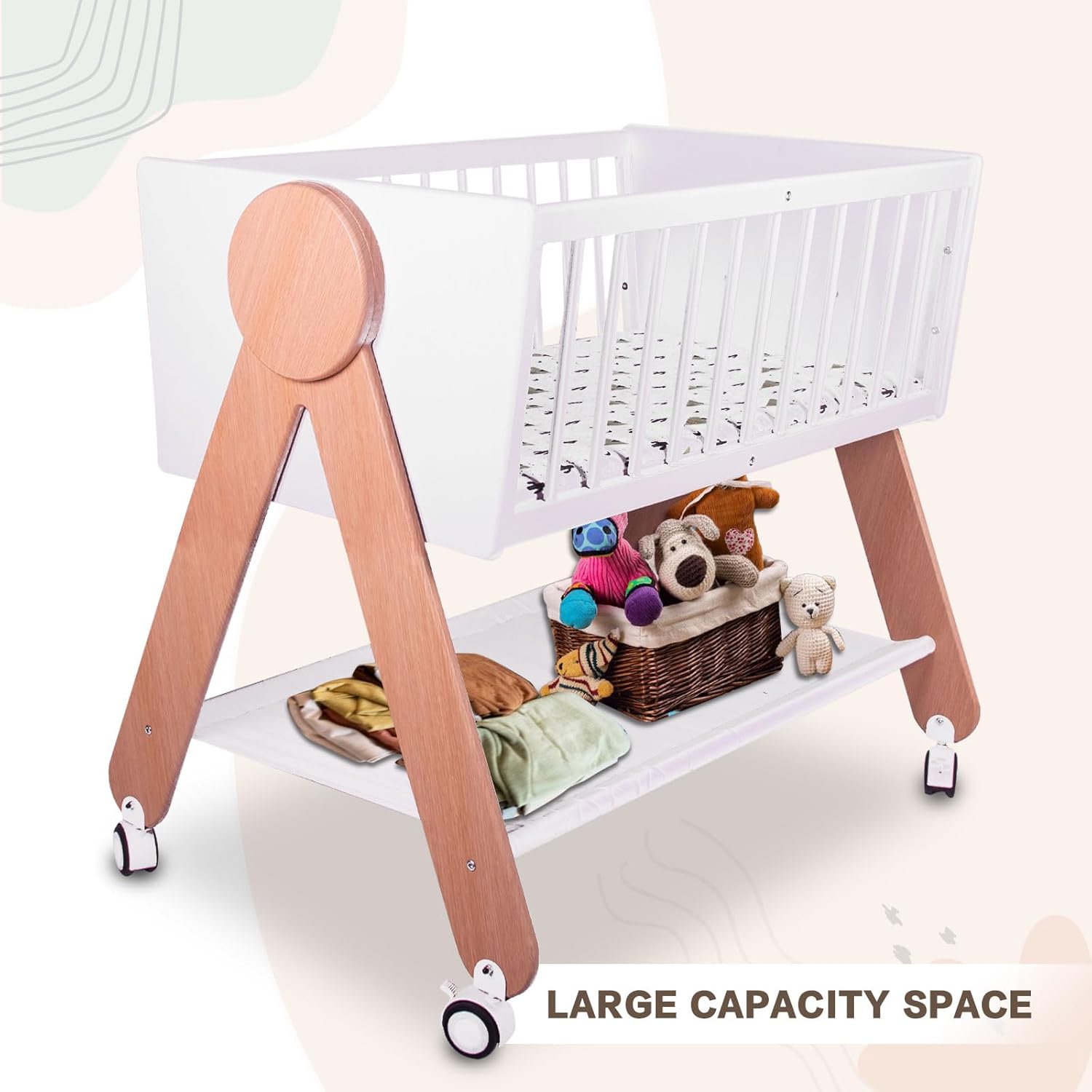 Wooden Bedside Bassinet Sleeper，Safe  Stylish Baby Brib Bassinet with Locking Wheels,Mosquito Net,Large Storage Basket,Mattress Pad Included,Bassinet for Newborn and Infants · v3