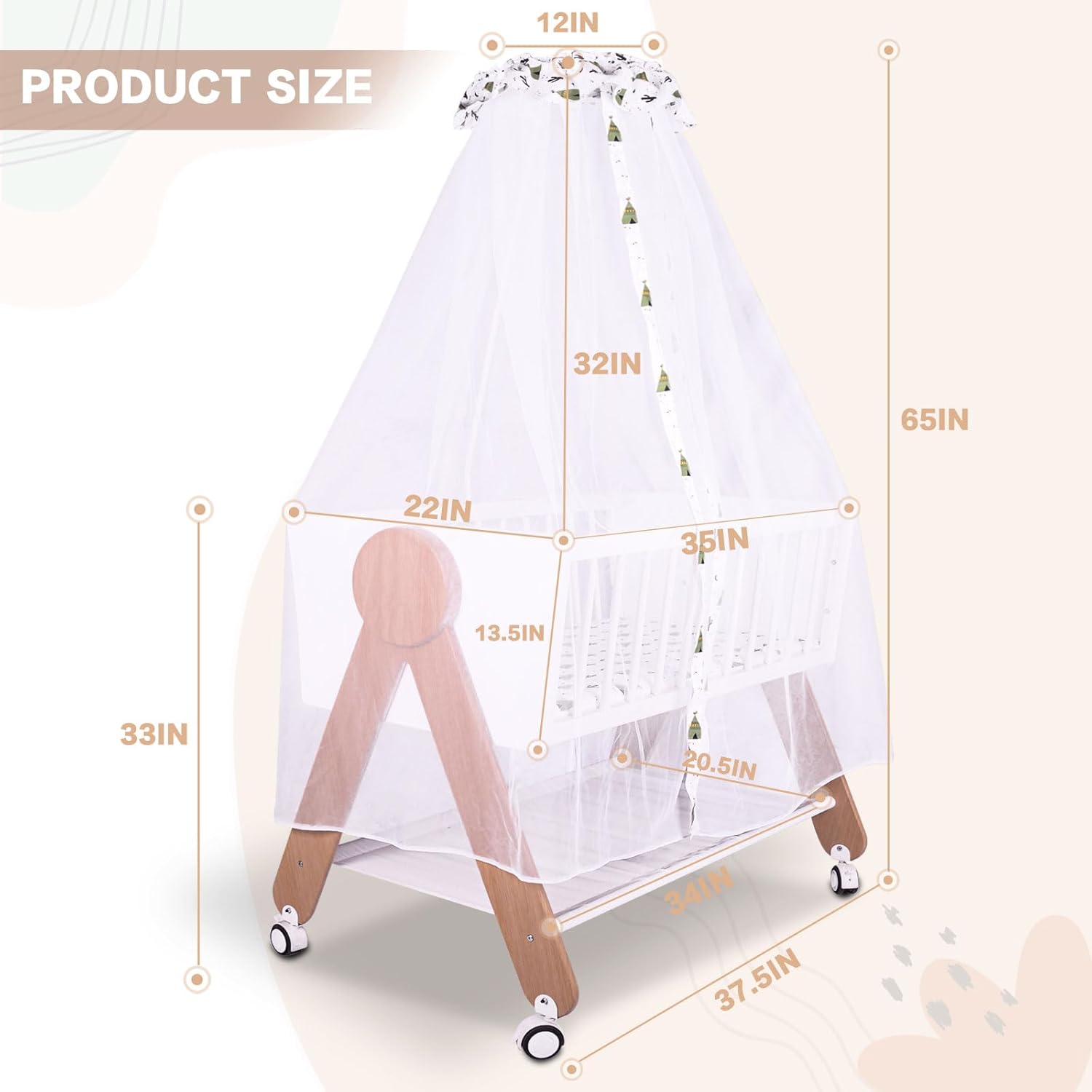 Wooden Bedside Bassinet Sleeper，Safe  Stylish Baby Brib Bassinet with Locking Wheels,Mosquito Net,Large Storage Basket,Mattress Pad Included,Bassinet for Newborn and Infants · v3