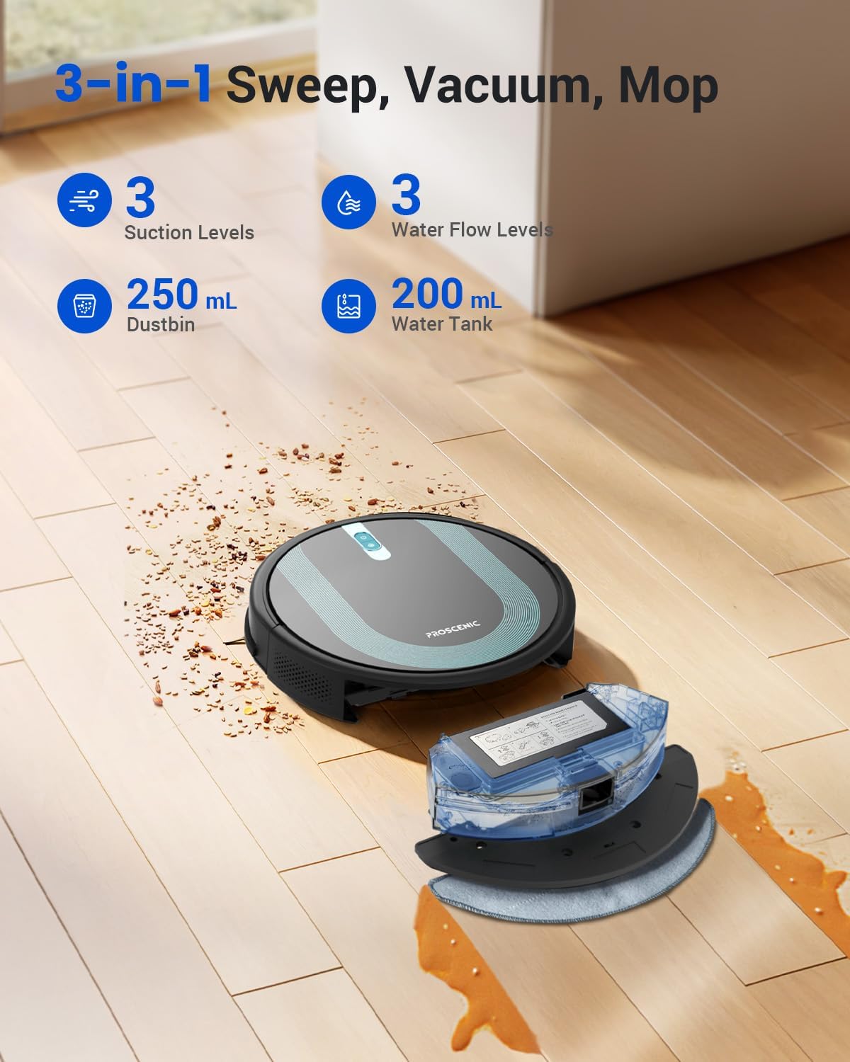 Proscenic 850T WiFi 로봇 진공 청소기 및 자이로 내비게이션, 경계 스트립, 자체 충전 기능 - 단단한 바닥 및 카펫용