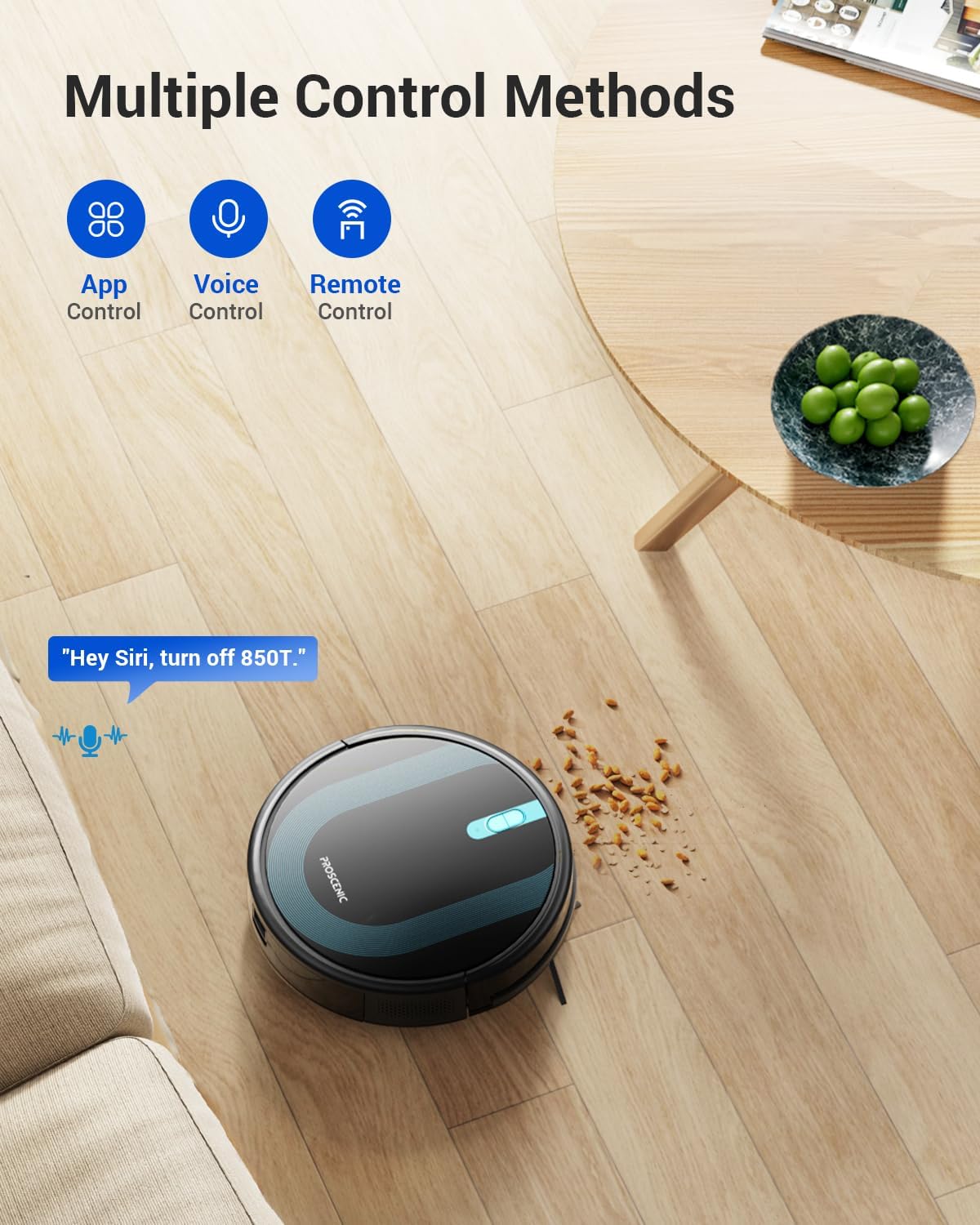 Proscenic 850T WiFi 로봇 진공 청소기 및 자이로 내비게이션, 경계 스트립, 자체 충전 기능 - 단단한 바닥 및 카펫용