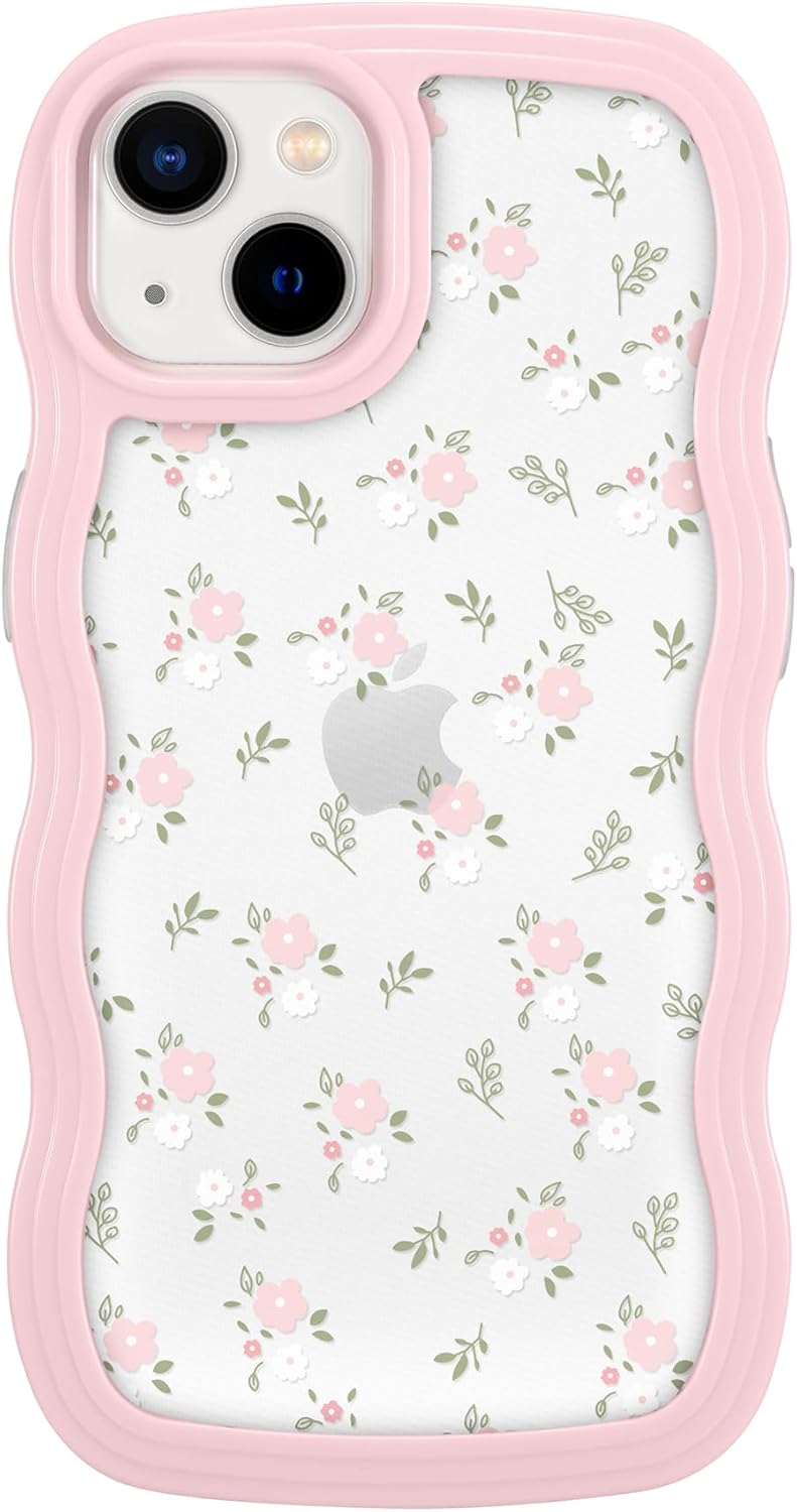 ZCDAYE Floral Case Compatible with iPhone 15, Aesthetic Flower Pattern  Cute Curly Wavy Shape Phone Case for Women Girls,Soft TPU Shockproof Cover for iPhone 15 (6.1 inch), Pink