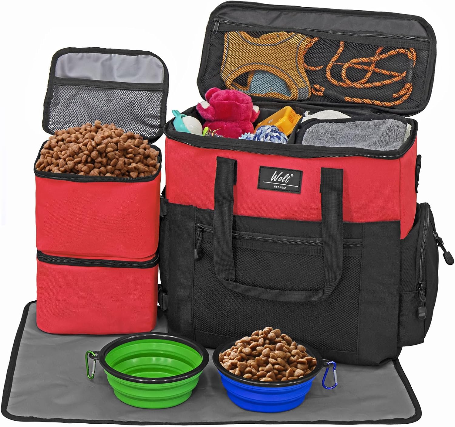 WOLT | Pet Travel Bag Kit for Dog Carrier  Travel, Includes 2 Food Containers   2 Collapsible Bowls   1 Placemat, Airline Approved Organizer for Pet Supplies Essentials Camping, Hiking, Weekend Away