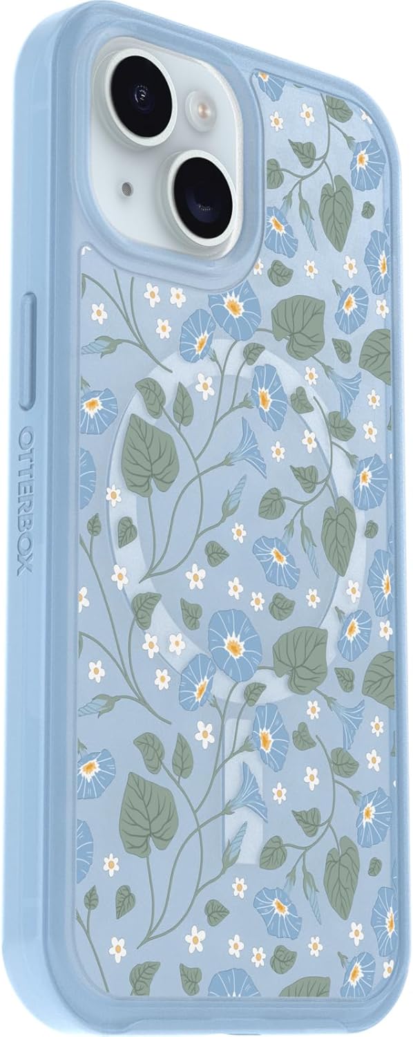 OtterBox iPhone 15, iPhone 14, and iPhone 13 Symmetry Series Clear Case - DAWN FLORAL (Blue), snaps to MagSafe, ultra-sleek, raised edges protect camera  screen