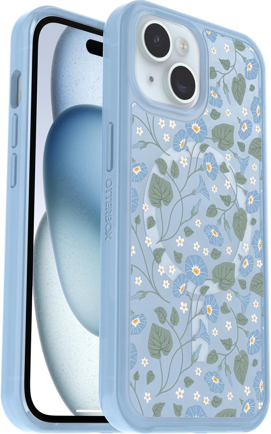 OtterBox iPhone 15, iPhone 14, and iPhone 13 Symmetry Series Clear Case - DAWN FLORAL (Blue), snaps to MagSafe, ultra-sleek, raised edges protect camera  screen