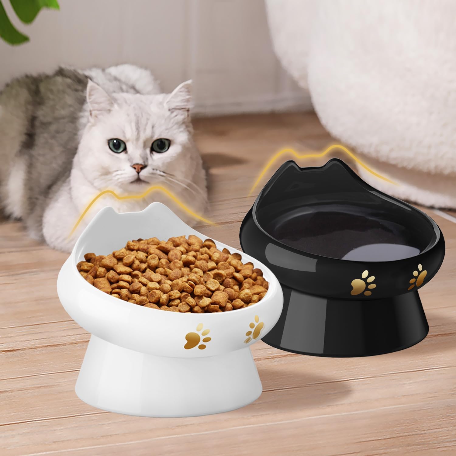 Mangkuk Kucing yang Ditinggikan, Mangkuk Makanan Kucing yang Ditinggikan Anti Muntah, Mangkuk Kucing Keramik untuk Makanan dan Air, Bebas Timbal Kadmium, Mencegah Tumpahan dan Meningkatkan Makan Sehat, Aman untuk Microwave
