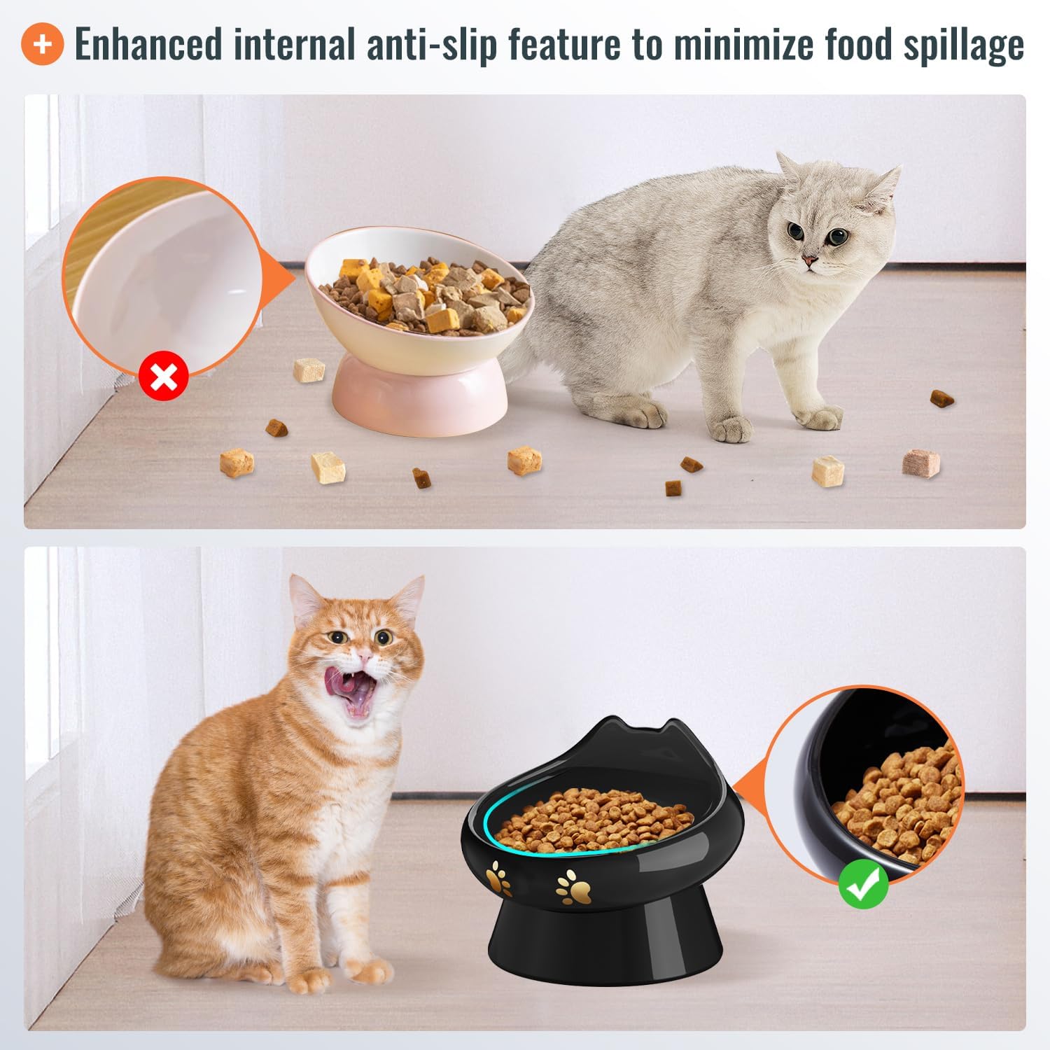 Erhöhte Katzennäpfe, erhöhter Katzenfutternapf gegen Erbrechen, keramischer Katzennapf für Futter und Wasser, bleifrei, verhindert Verschüttungen und fördert eine gesunde Ernährung, mikrowellengeeignet; spülmaschinenfest (2 Stück)