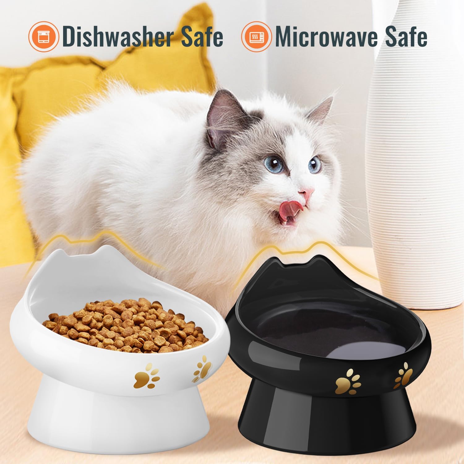 Erhöhte Katzennäpfe, erhöhter Katzenfutternapf gegen Erbrechen, keramischer Katzennapf für Futter und Wasser, bleifrei, verhindert Verschüttungen und fördert eine gesunde Ernährung, mikrowellengeeignet; spülmaschinenfest (2 Stück)