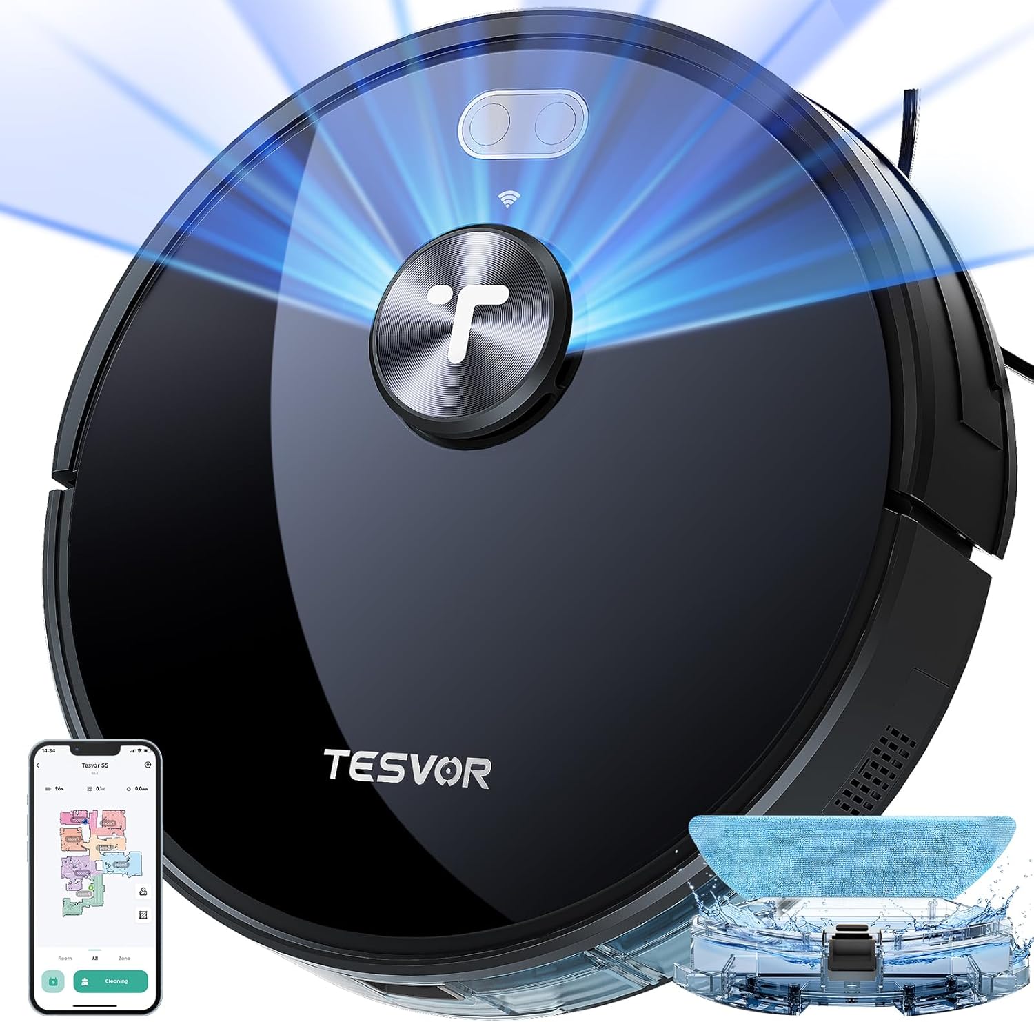 Tesvor S5 로봇 진공 청소기 및 걸레, 3000Pa 흡입력, 최대 180분 LiDAR 내비게이션, 로봇 진공 청소기, WiFi/앱/Alexa 자체 충전, 반려동물 털, 카펫, 단단한 바닥에 이상적(S5)