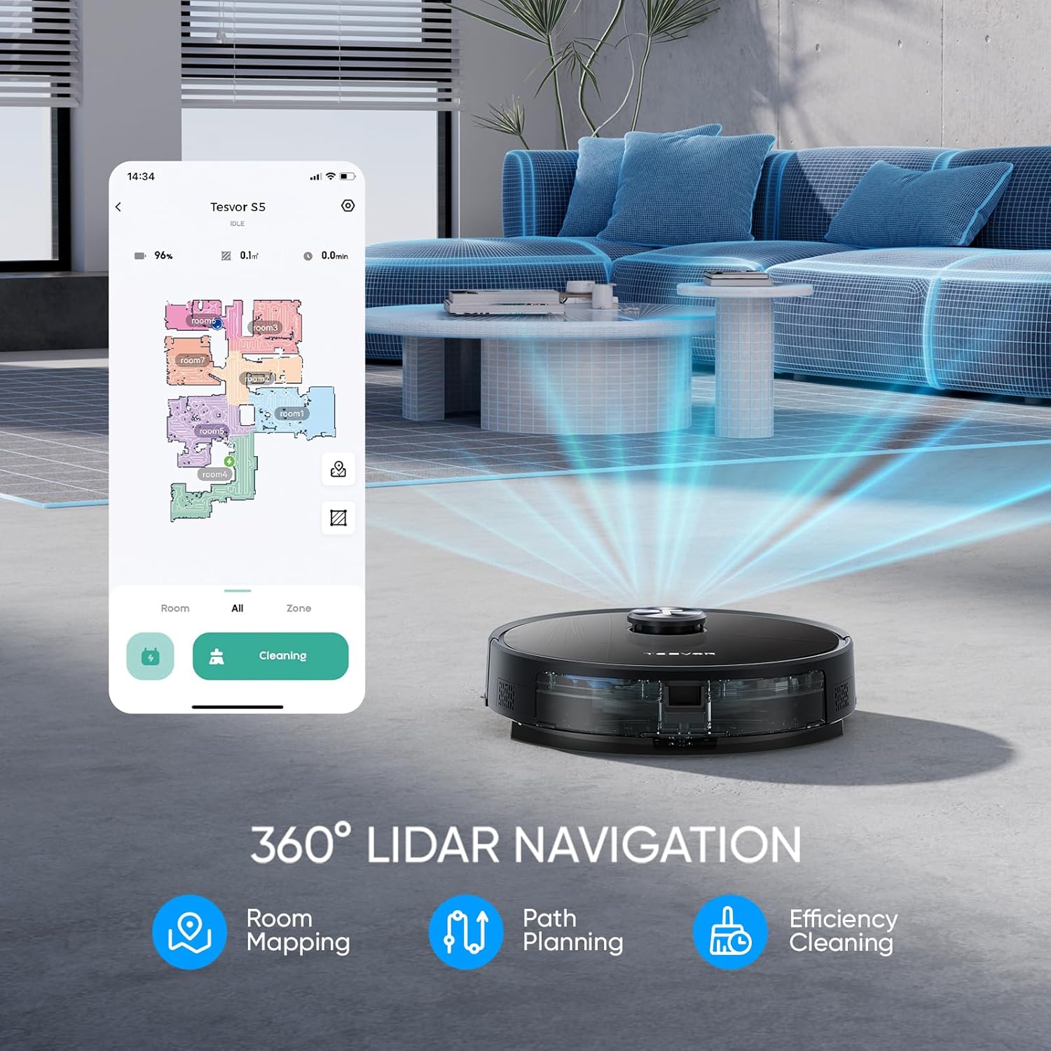 Tesvor S5 로봇 진공 청소기 및 걸레, 3000Pa 흡입력, 최대 180분 LiDAR 내비게이션, 로봇 진공 청소기, WiFi/앱/Alexa 자체 충전, 반려동물 털, 카펫, 단단한 바닥에 이상적(S5)
