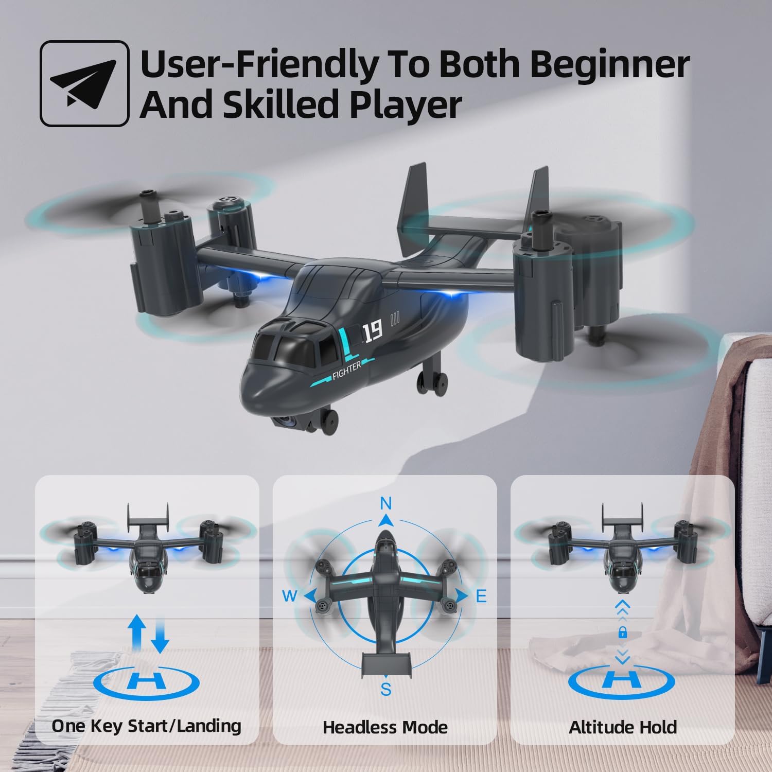 Drone LM19-A con fotocamera per principianti, droni con telecomando WiFi Live Video per bambini dagli 8 ai 12 anni, aereo RC facile da pilotare, quadricottero HD RC, giocattolo regalo per ragazzi, droni FPV per adulti, 2 batterie