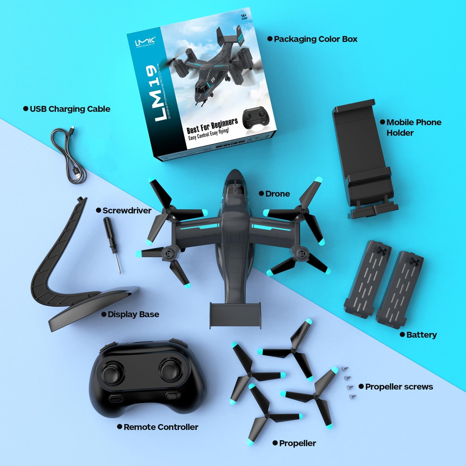 Drone LM19-A con fotocamera per principianti, droni con telecomando WiFi Live Video per bambini dagli 8 ai 12 anni, aereo RC facile da pilotare, quadricottero HD RC, giocattolo regalo per ragazzi, droni FPV per adulti, 2 batterie