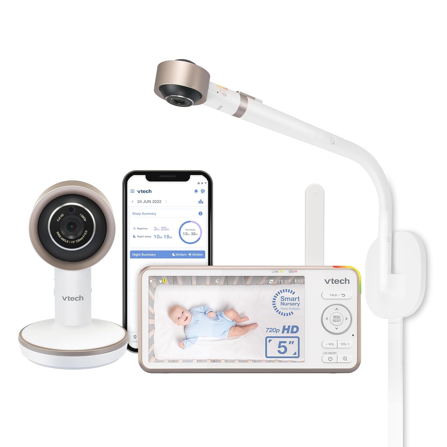 VTech V-Care VC2105 1080p FHD Over-The Crib Mount Smart Baby Monitor 5” 720p LCD Screen,Table Stand,Remote Access,Versatile Placement,Intelligence Detection, Sleep Analysis,18hrs Recording,with WiFi · v5