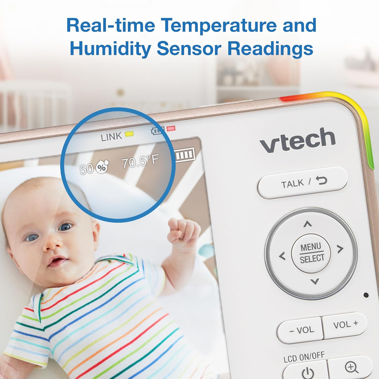 VTech V-Care VC2105 1080p FHD Over-The Crib Mount Inteligentny monitor dziecięcy 5-calowy ekran LCD 720p, stojak na stół, zdalny dostęp, wszechstronne rozmieszczenie, wykrywanie inteligencji, analiza snu, nagrywanie 18 godzin, z WiFi