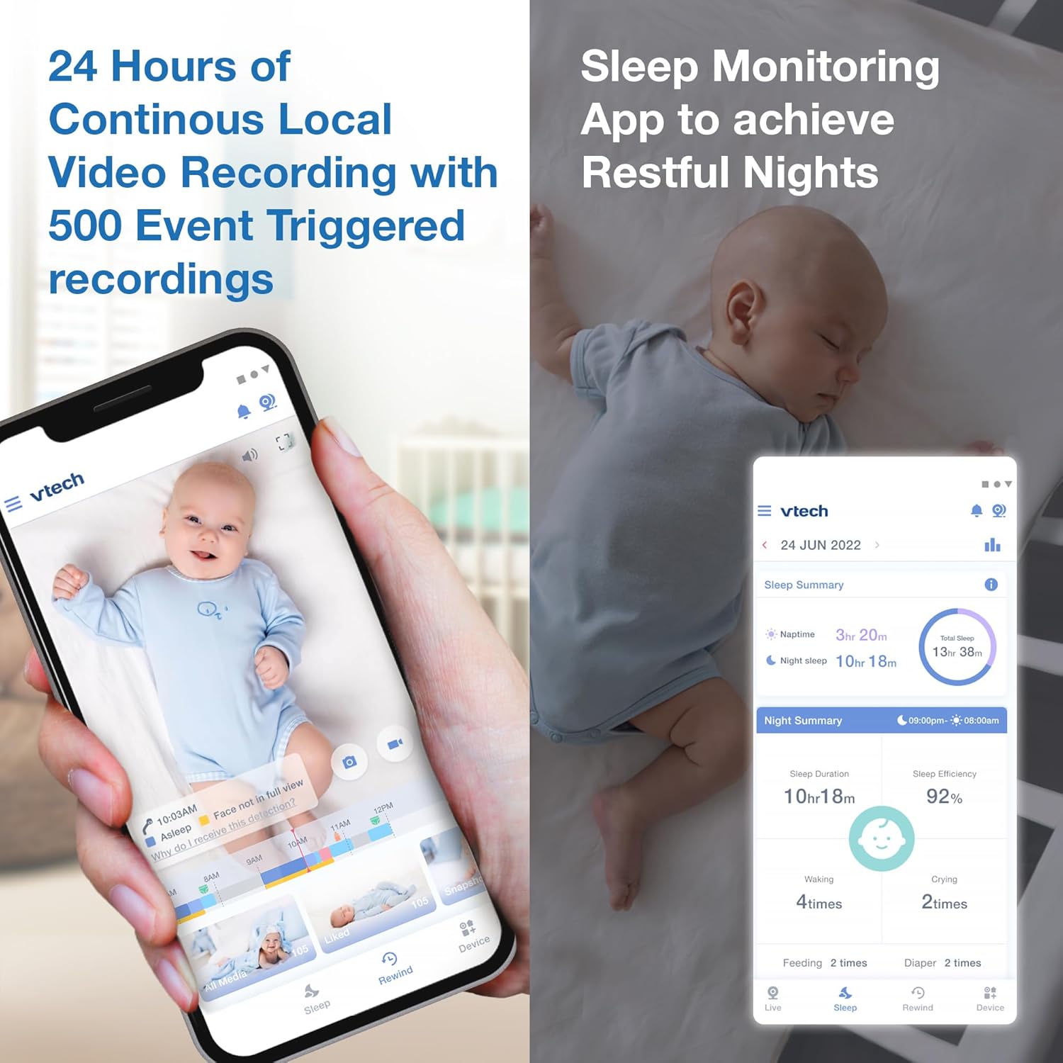VTech V-Care VC2105 1080p FHD Over-The Crib Mount Inteligentny monitor dziecięcy 5-calowy ekran LCD 720p, stojak na stół, zdalny dostęp, wszechstronne rozmieszczenie, wykrywanie inteligencji, analiza snu, nagrywanie 18 godzin, z WiFi