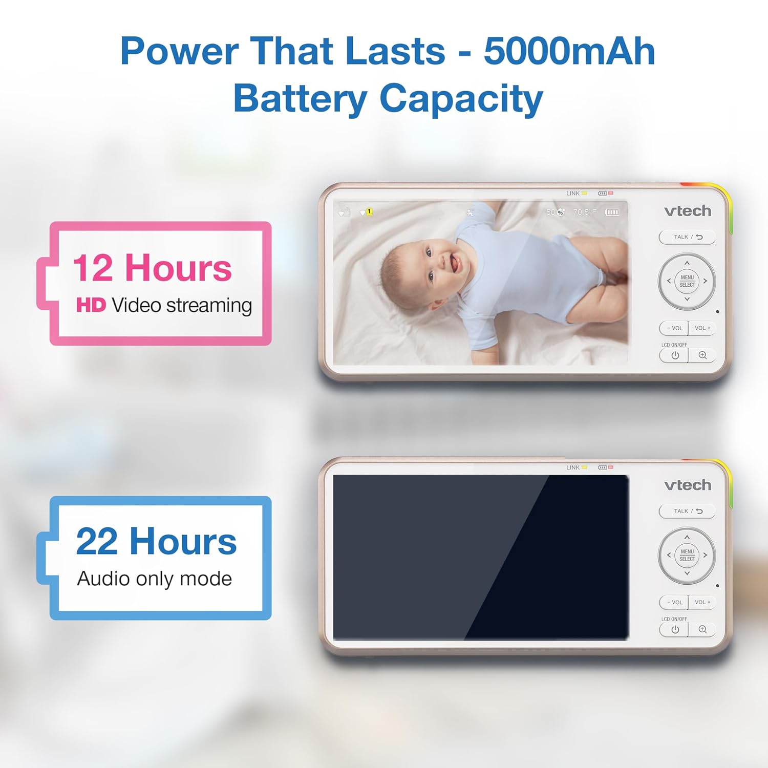 VTech V-Care VC2105 1080p FHD Over-The Crib Mount Inteligentny monitor dziecięcy 5-calowy ekran LCD 720p, stojak na stół, zdalny dostęp, wszechstronne rozmieszczenie, wykrywanie inteligencji, analiza snu, nagrywanie 18 godzin, z WiFi