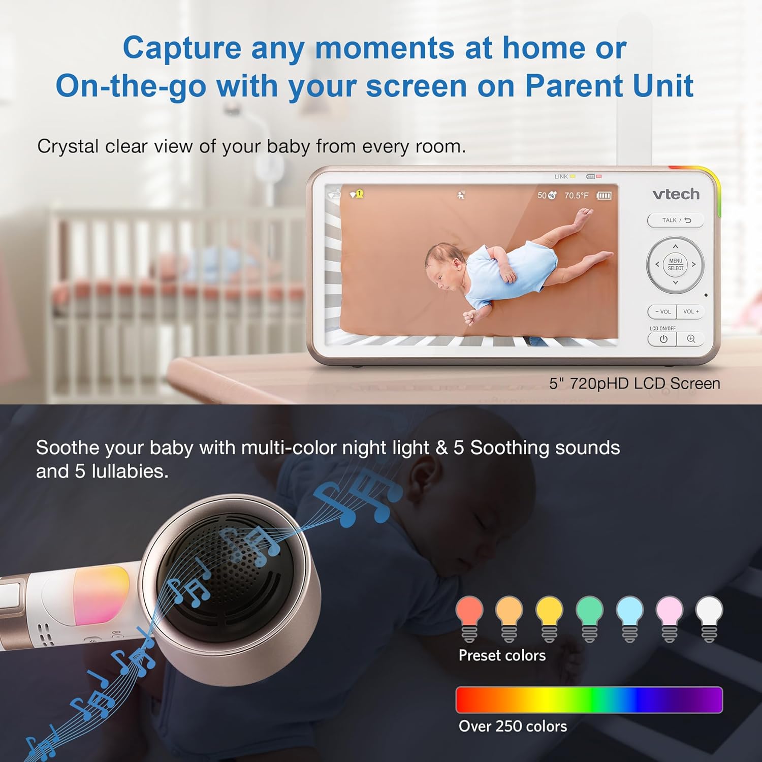 VTech V-Care VC2105 1080p FHD Over-The Crib Mount Inteligentny monitor dziecięcy 5-calowy ekran LCD 720p, stojak na stół, zdalny dostęp, wszechstronne rozmieszczenie, wykrywanie inteligencji, analiza snu, nagrywanie 18 godzin, z WiFi