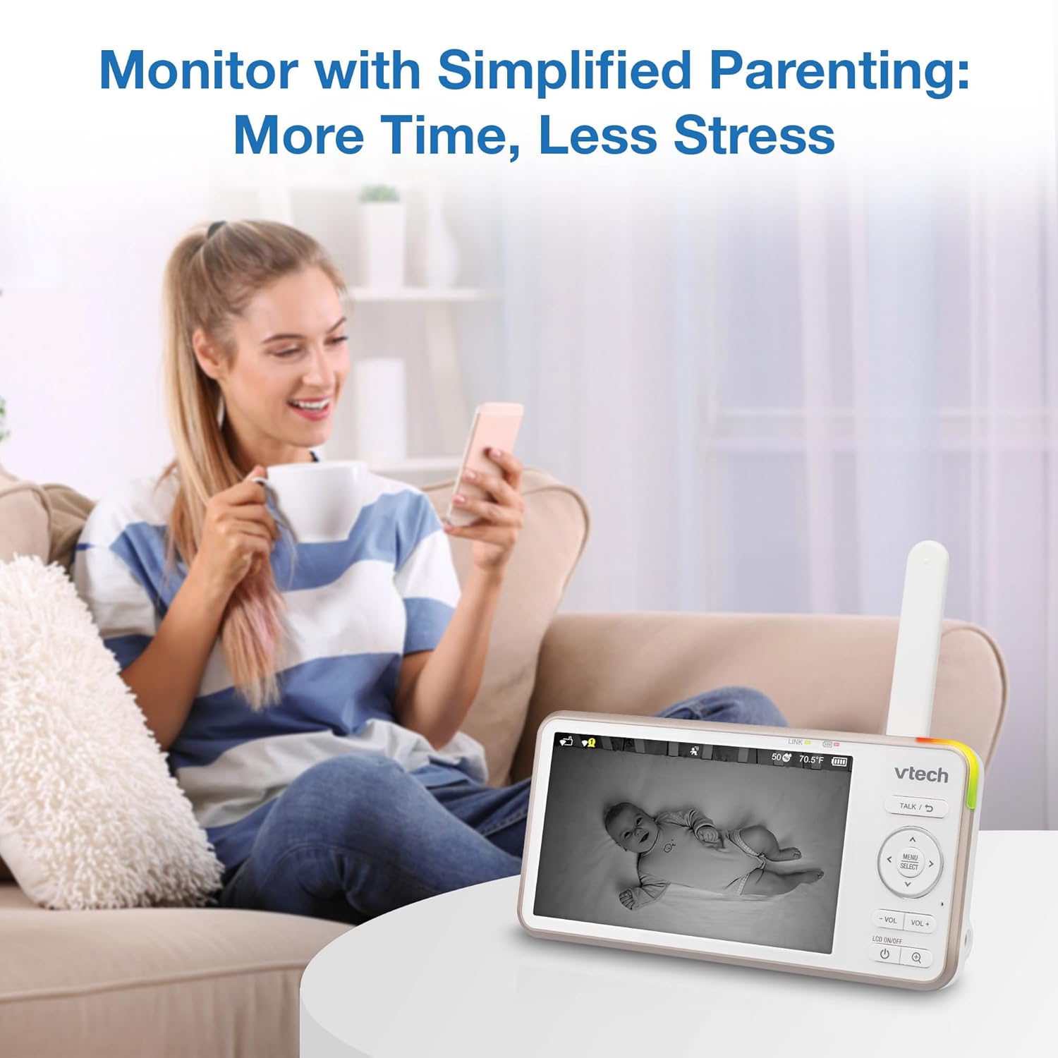 VTech V-Care VC2105 1080p FHD Over-The Crib Mount Inteligentny monitor dziecięcy 5-calowy ekran LCD 720p, stojak na stół, zdalny dostęp, wszechstronne rozmieszczenie, wykrywanie inteligencji, analiza snu, nagrywanie 18 godzin, z WiFi