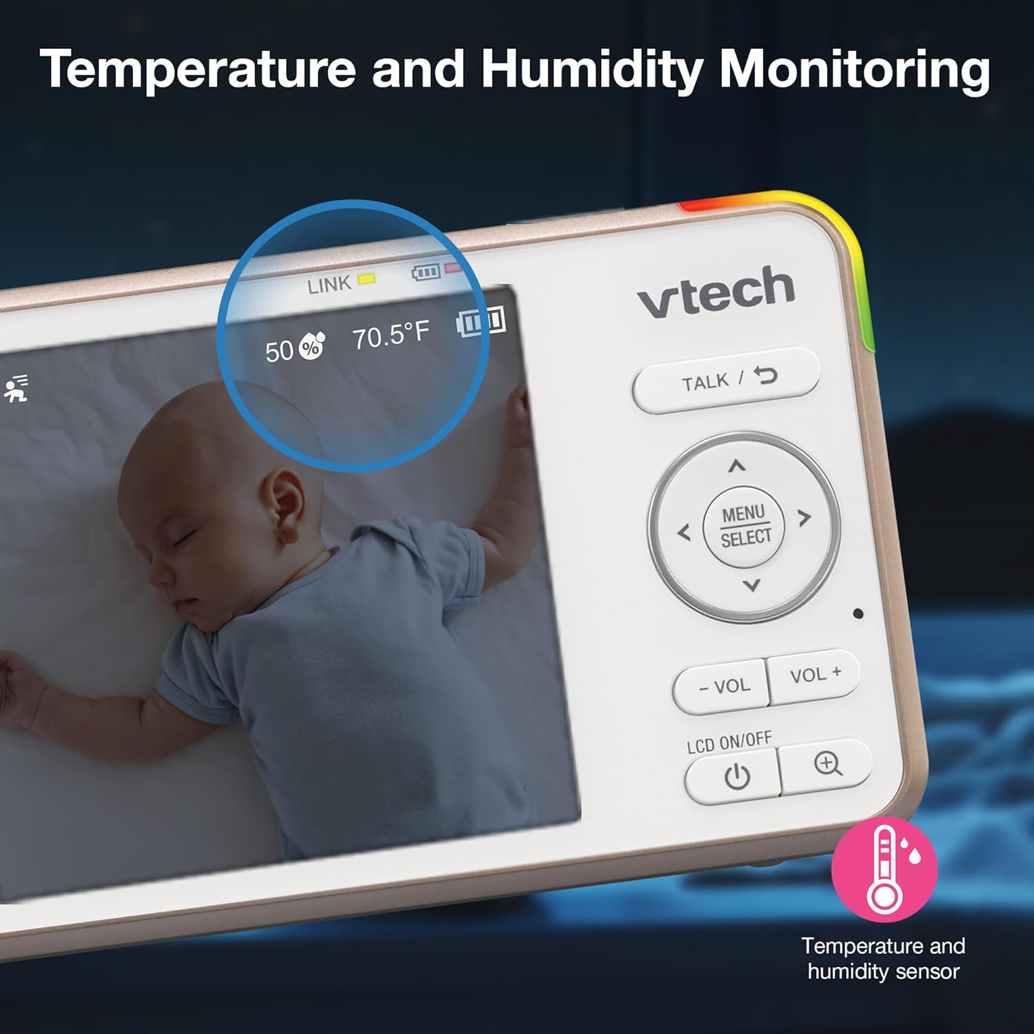 VTech V-Care VC2105 1080p FHD Over-The Crib Mount Inteligentny monitor dziecięcy 5-calowy ekran LCD 720p, stojak na stół, zdalny dostęp, wszechstronne rozmieszczenie, wykrywanie inteligencji, analiza snu, nagrywanie 18 godzin, z WiFi