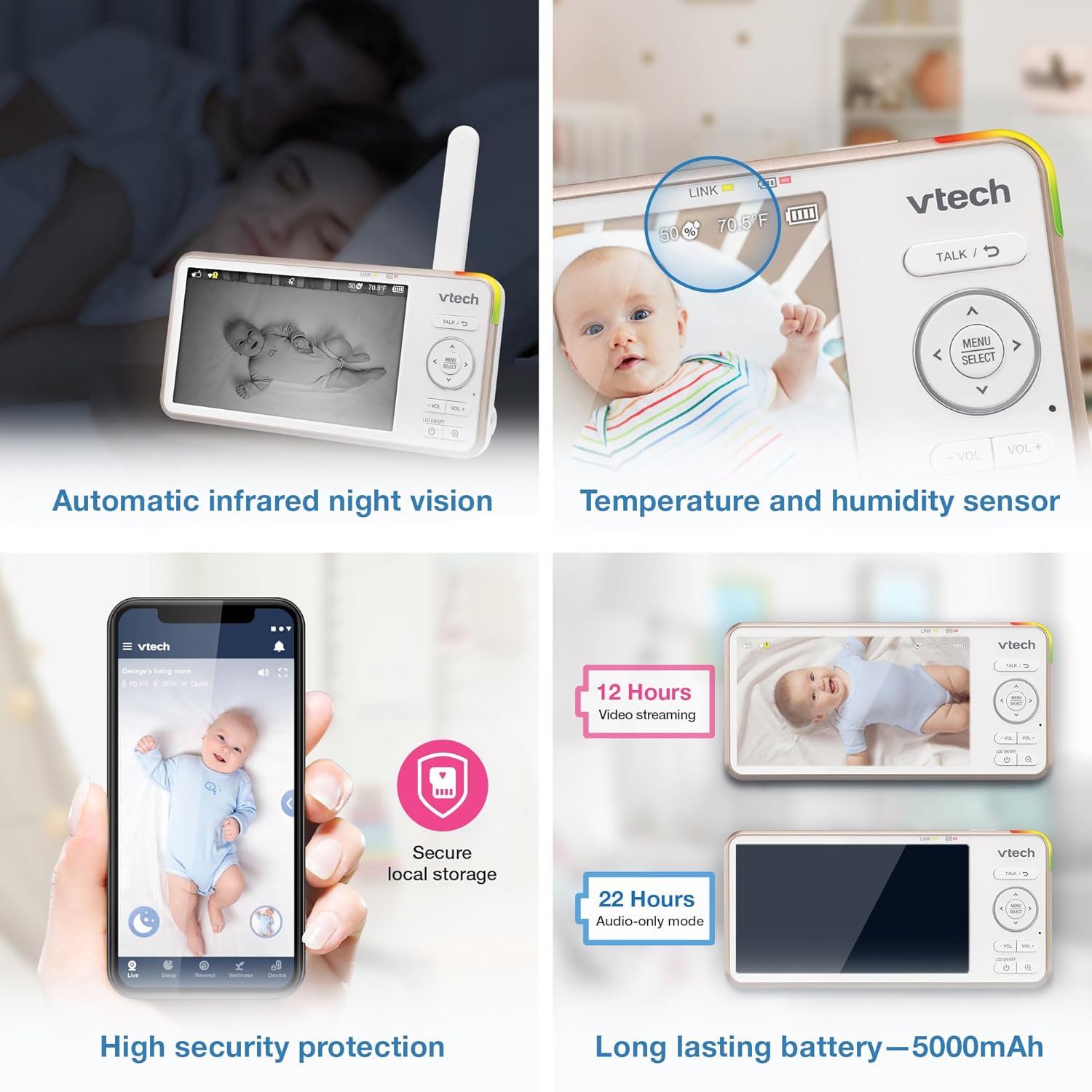 VTech V-Care VC2105 1080p FHD Over-The Crib Mount Inteligentny monitor dziecięcy 5-calowy ekran LCD 720p, stojak na stół, zdalny dostęp, wszechstronne rozmieszczenie, wykrywanie inteligencji, analiza snu, nagrywanie 18 godzin, z WiFi