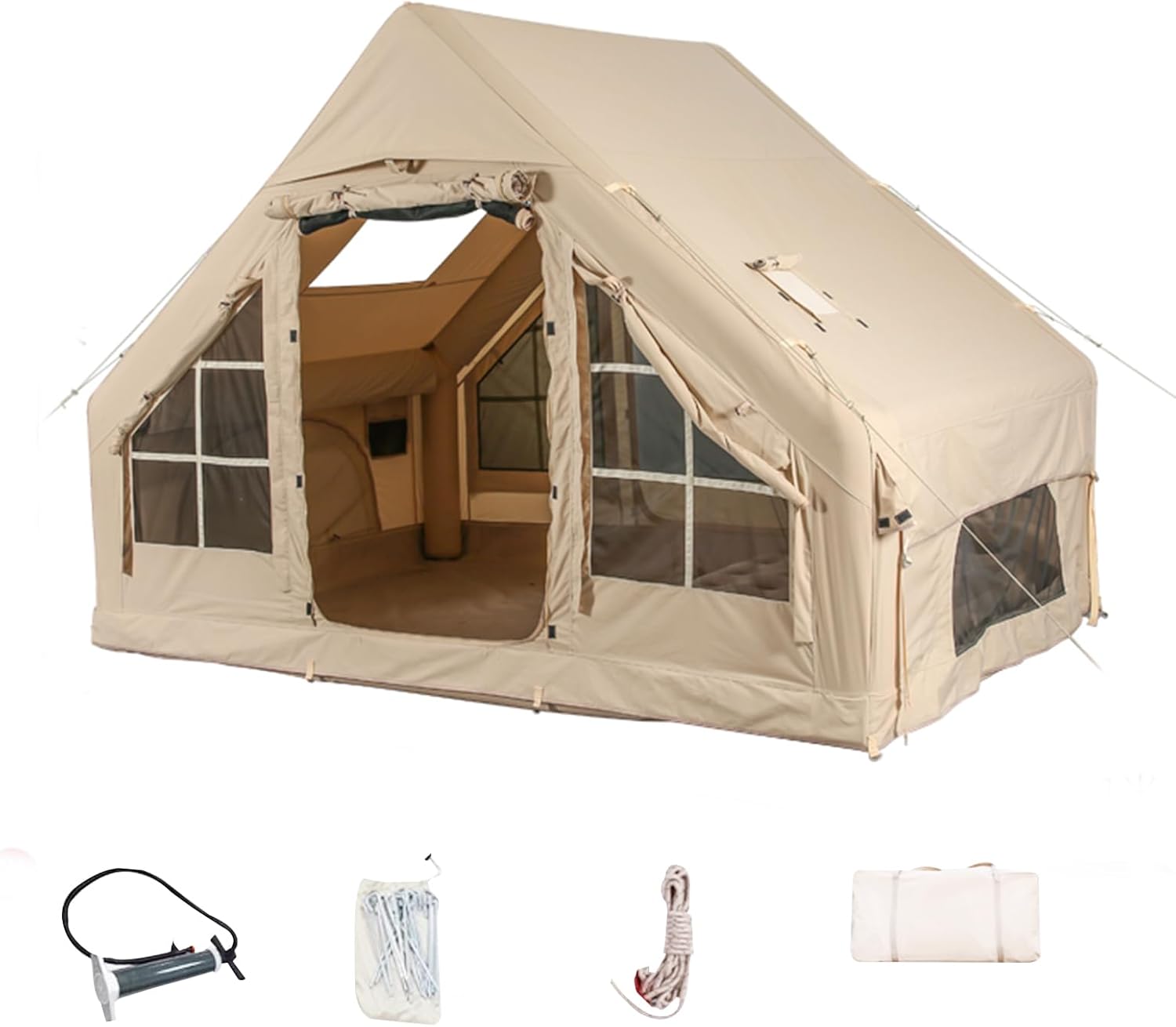 Aufblasbare Campingzelte mit Handpumpe, Air-Glamping-Zelte, einfach aufzubauendes wasser- und winddichtes aufblasbares Zelt, 4 Seasons Oxford Kabinenzelt mit Netzkaminfenster.