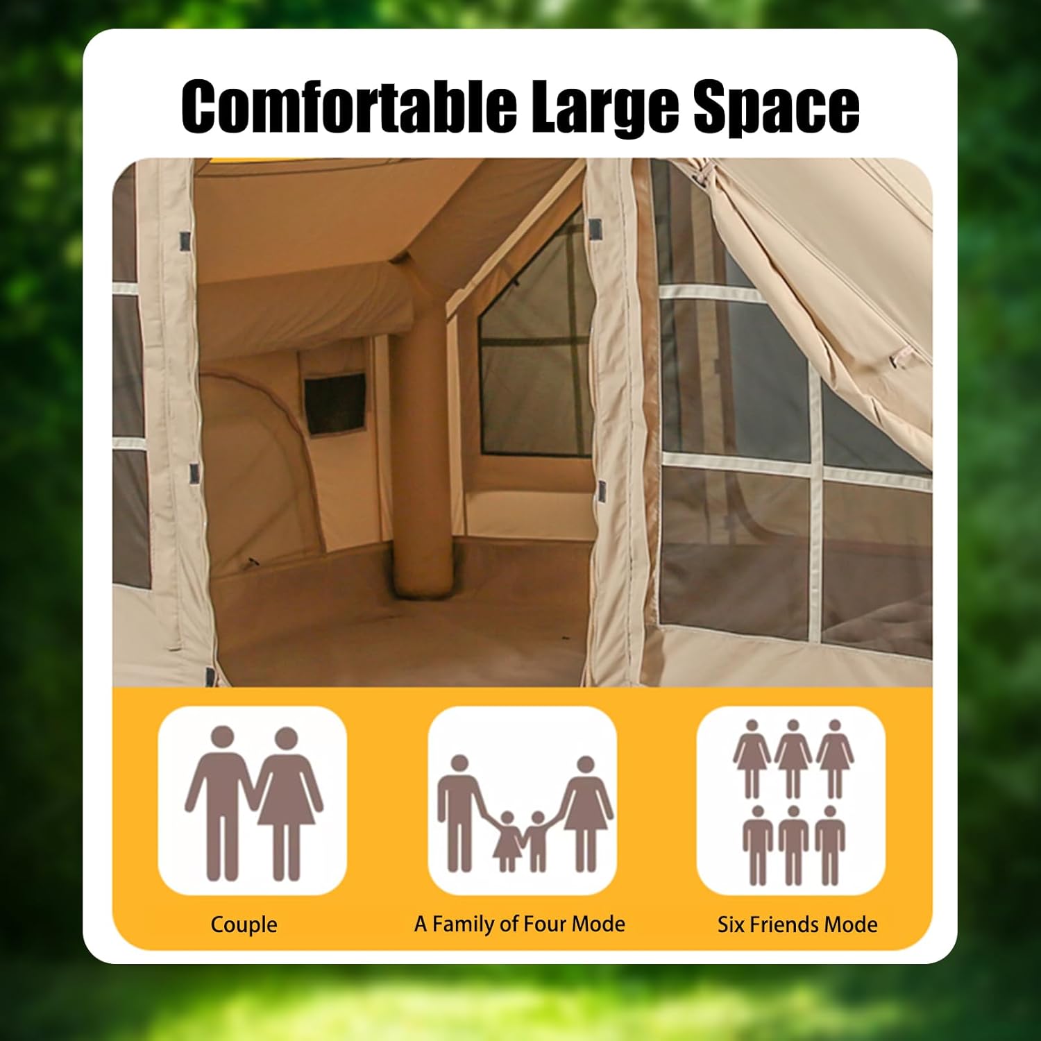 Aufblasbare Campingzelte mit Handpumpe, Air-Glamping-Zelte, einfach aufzubauendes wasser- und winddichtes aufblasbares Zelt, 4 Seasons Oxford Kabinenzelt mit Netzkaminfenster.
