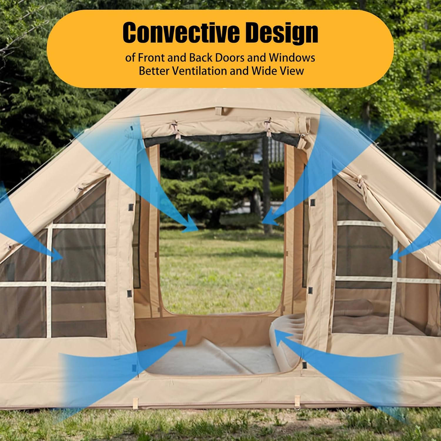 Aufblasbare Campingzelte mit Handpumpe, Air-Glamping-Zelte, einfach aufzubauendes wasser- und winddichtes aufblasbares Zelt, 4 Seasons Oxford Kabinenzelt mit Netzkaminfenster.