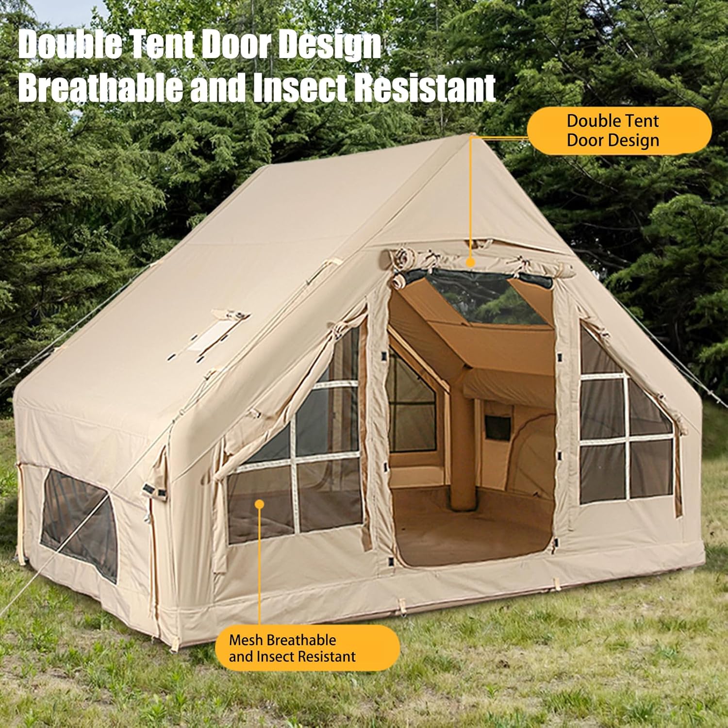 Aufblasbare Campingzelte mit Handpumpe, Air-Glamping-Zelte, einfach aufzubauendes wasser- und winddichtes aufblasbares Zelt, 4 Seasons Oxford Kabinenzelt mit Netzkaminfenster.