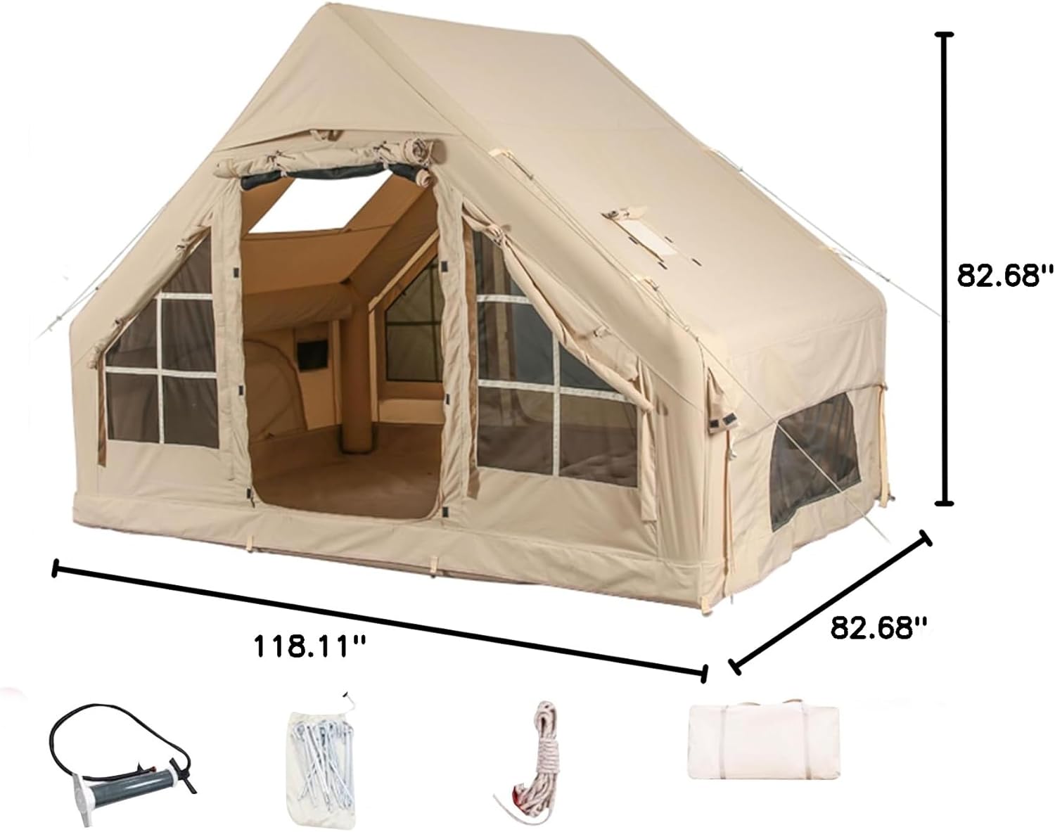 Aufblasbare Campingzelte mit Handpumpe, Air-Glamping-Zelte, einfach aufzubauendes wasser- und winddichtes aufblasbares Zelt, 4 Seasons Oxford Kabinenzelt mit Netzkaminfenster.