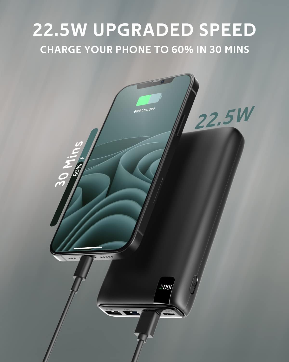 Sạc dự phòng di động CONXWAN 26800mAh Sạc nhanh 22,5W, 4 đầu ra USB PD Sạc dự phòng ngoài Điện thoại di động Bộ pin USB C Tương thích với iPhone Máy tính bảng Galaxy Android (Đen Xanh lá)