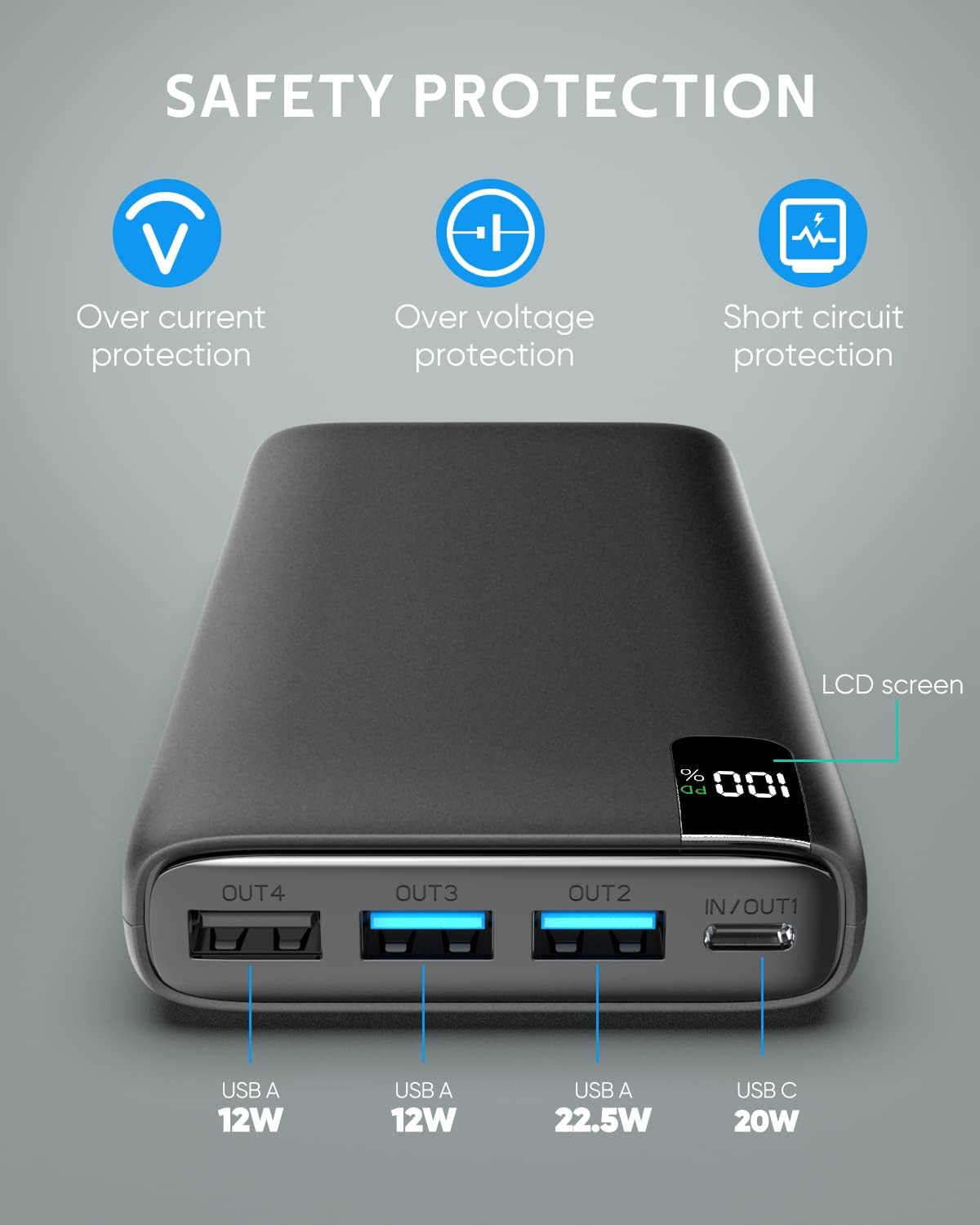 Sạc dự phòng di động CONXWAN 26800mAh Sạc nhanh 22,5W, 4 đầu ra USB PD Sạc dự phòng ngoài Điện thoại di động Bộ pin USB C Tương thích với iPhone Máy tính bảng Galaxy Android (Đen Xanh lá)