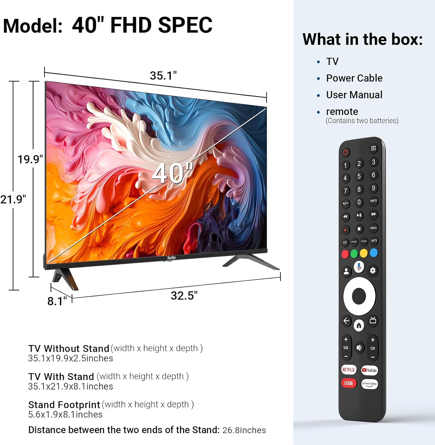 TuTu 40 1080P Full HD LED Google TV จอไวด์สกรีนความละเอียดสูง ดีไซน์เพรียวบาง สมาร์ททีวี พร้อม HDMI USB ในตัว เหมาะสำหรับห้องครัว ห้องเด็ก ห้องใต้ดิน หรือรถบ้าน รุ่นปี 2023
