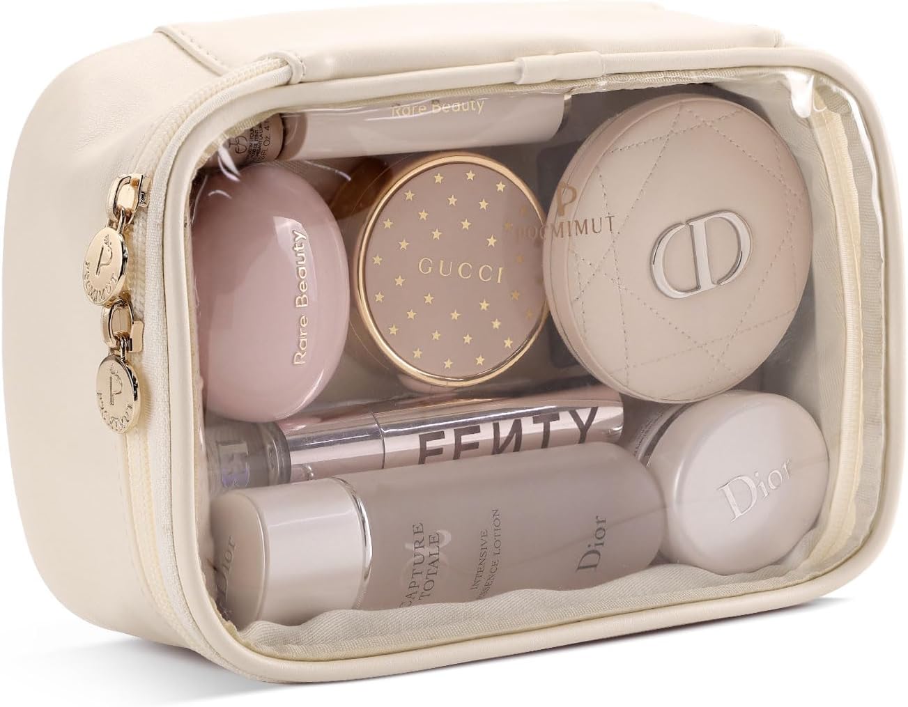 Pocmimut Makeup Bag,PU Leather Clear Makeup Bag Travel Makeup Bag Car Essentials for Women,Travel Essentials Cosmetic Bag Organizers(Beige)