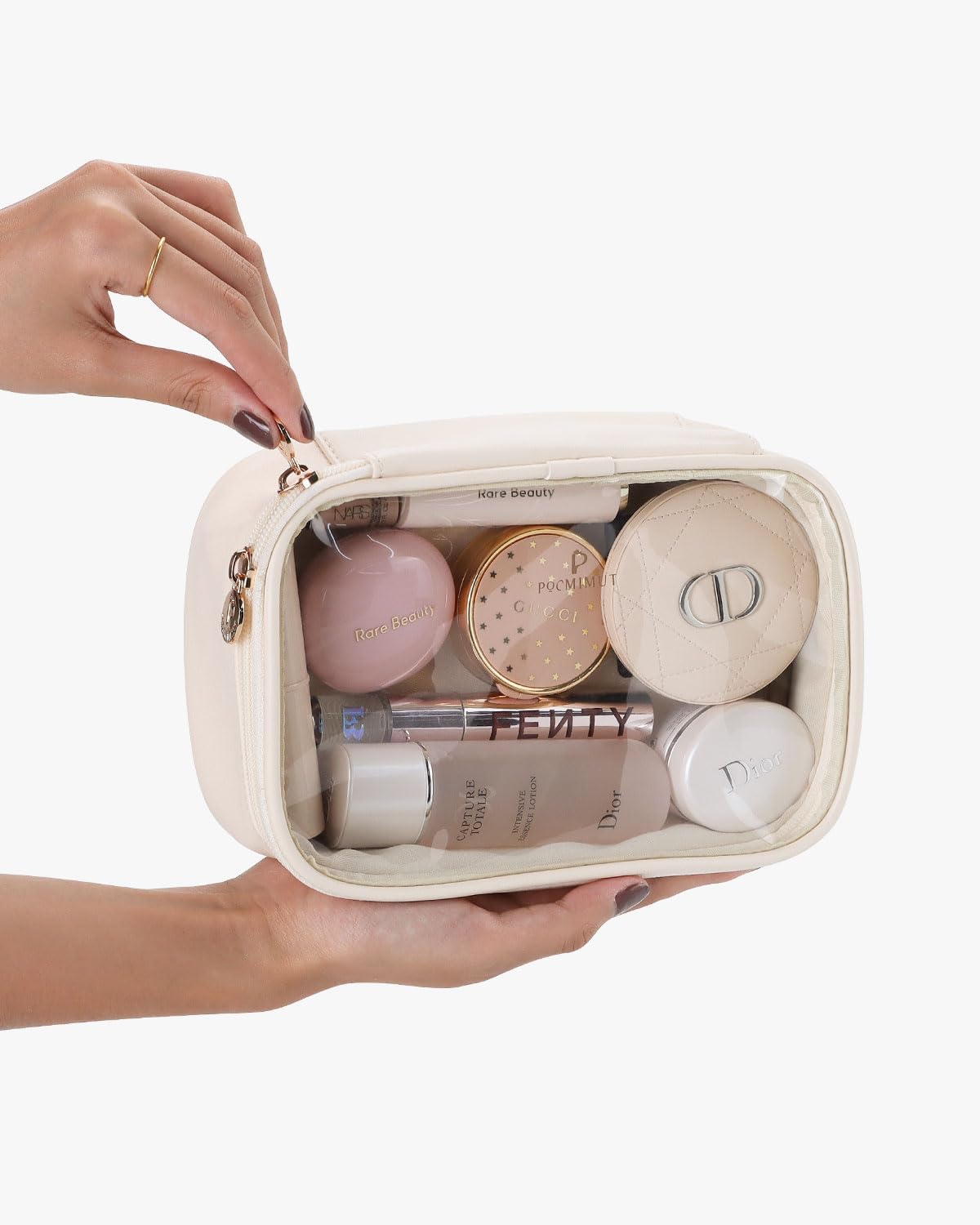 Pocmimut Makeup Bag,PU Leather Clear Makeup Bag Travel Makeup Bag Car Essentials for Women,Travel Essentials Cosmetic Bag Organizers(Beige) · v2
