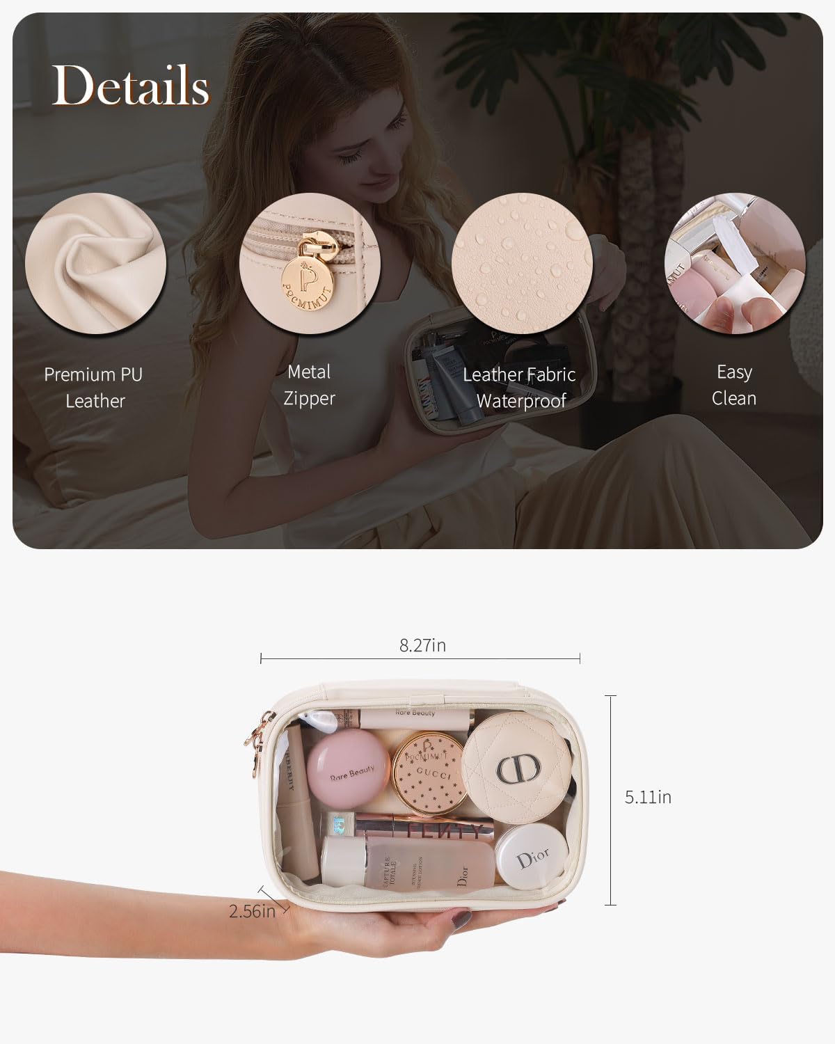 Pocmimut Makeup Bag,PU Leather Clear Makeup Bag Travel Makeup Bag Car Essentials for Women,Travel Essentials Cosmetic Bag Organizers(Beige) · v2