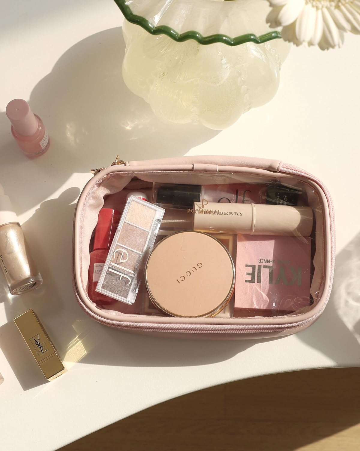 Pocmimut Makeup Bag,PU Leather Clear Makeup Bag Travel Makeup Bag Car Essentials for Women,Travel Essentials Cosmetic Bag Organizers(Beige) · v2