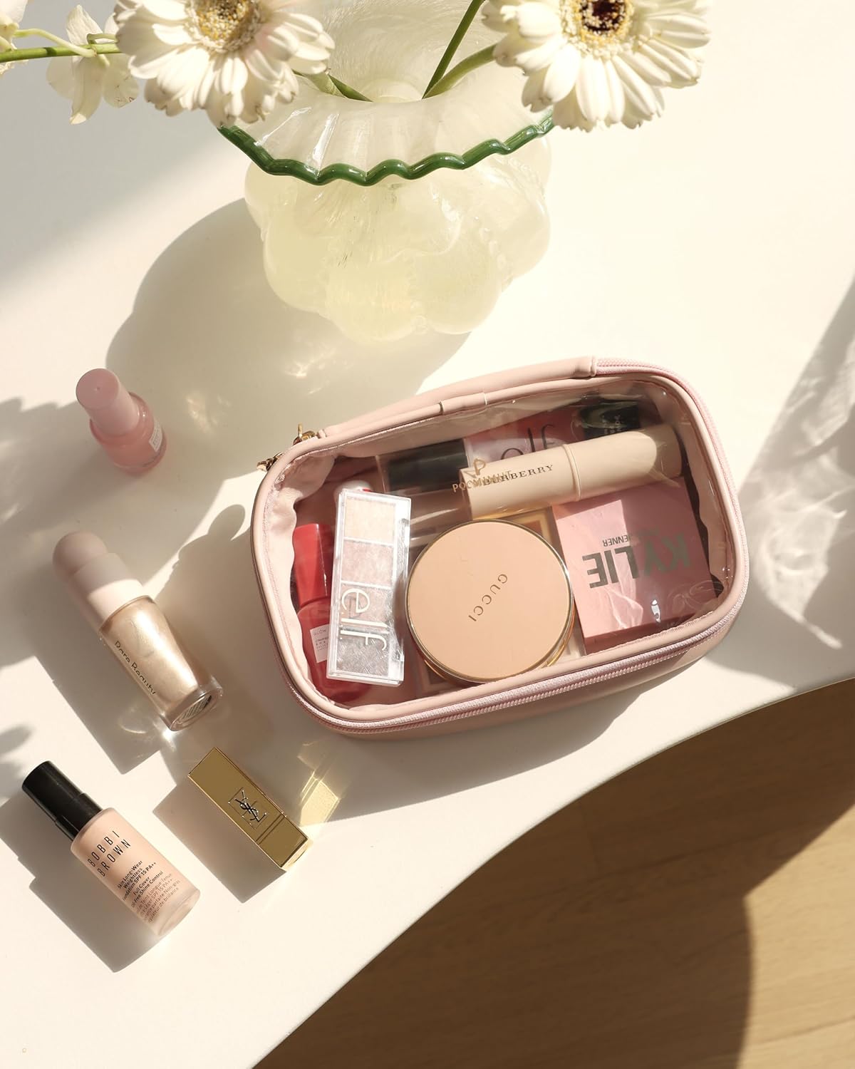 Pocmimut Makeup Bag,PU Leather Clear Makeup Bag Travel Makeup Bag Car Essentials for Women,Travel Essentials Cosmetic Bag Organizers(Beige) · v2
