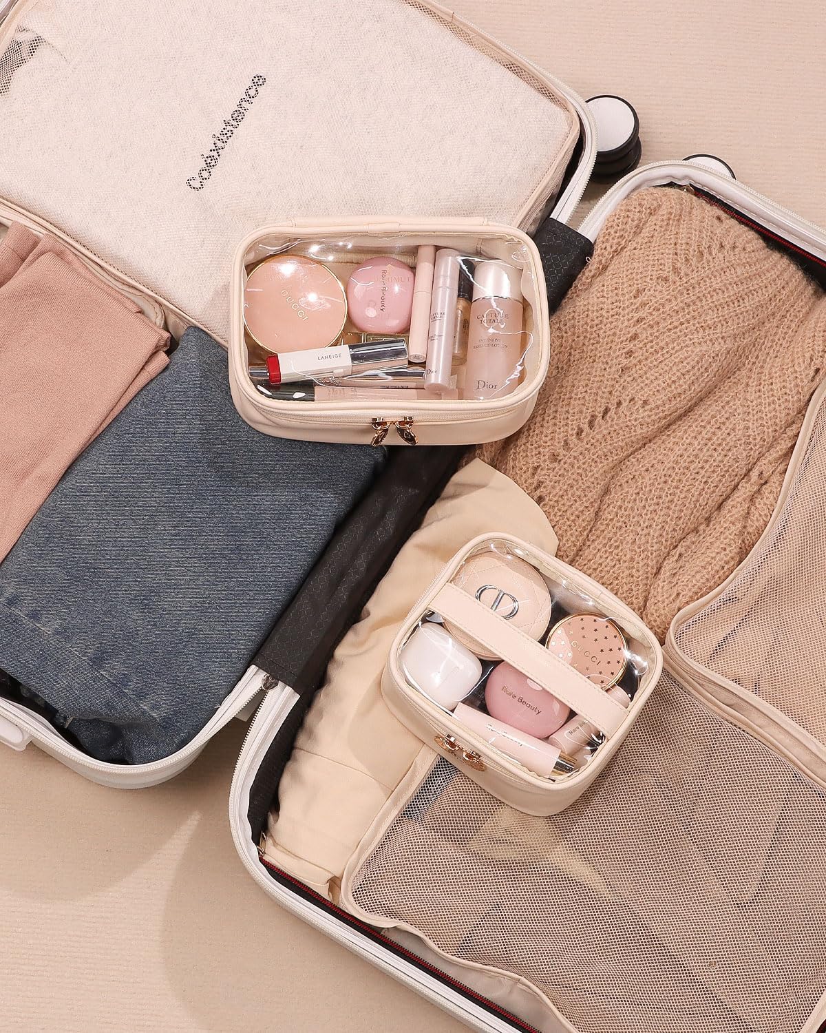 Pocmimut Makeup Bag,PU Leather Clear Makeup Bag Travel Makeup Bag Car Essentials for Women,Travel Essentials Cosmetic Bag Organizers(Beige) · v2