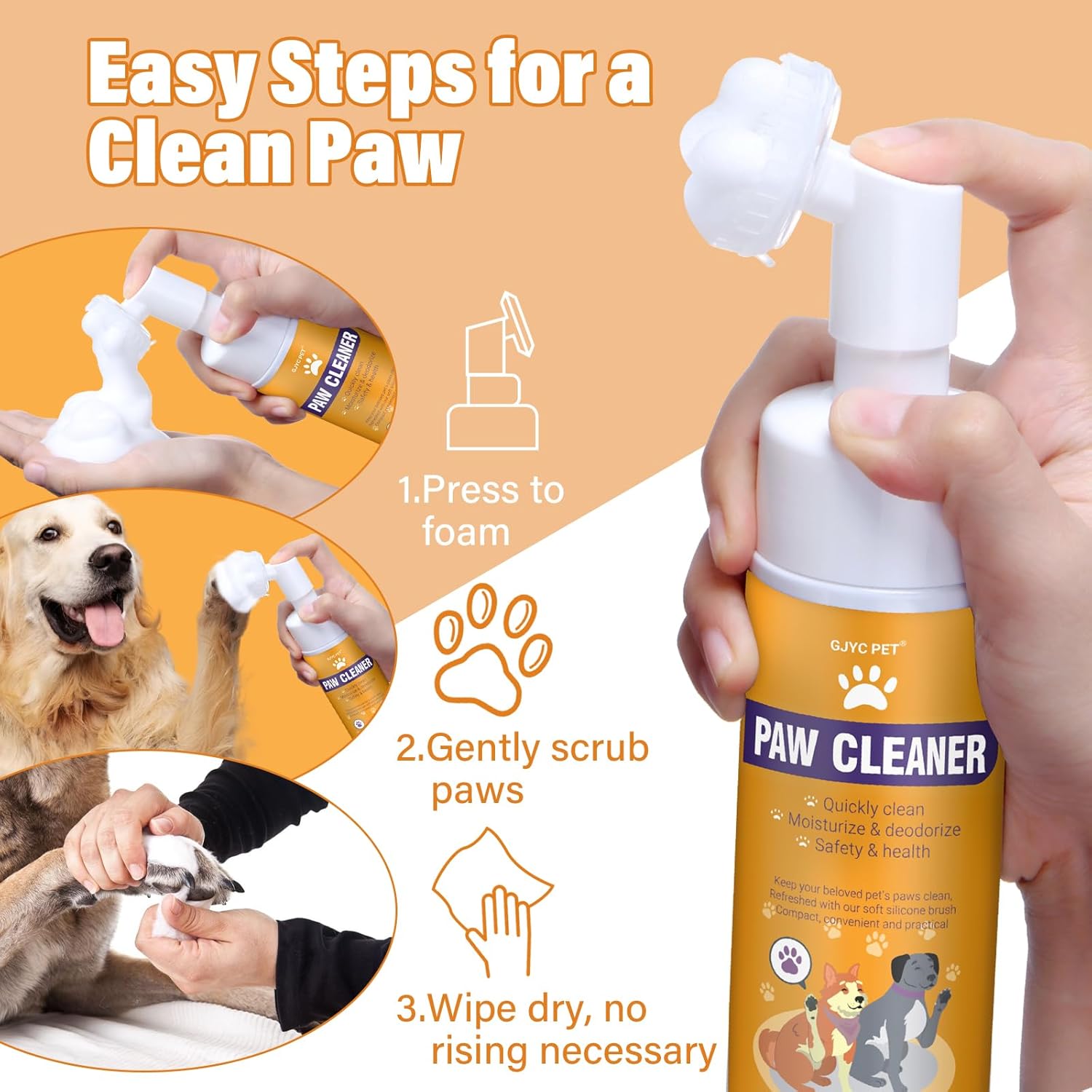 منظف ​​مخالب الكلاب والقطط، رغوة سحرية - منظف رغوي بدون شطف من Clean Paws - شامبو جاف، فرشاة تنظيف القدم - بخلاصة الورد، غسول للتحكم في الرائحة - جيد للجراء