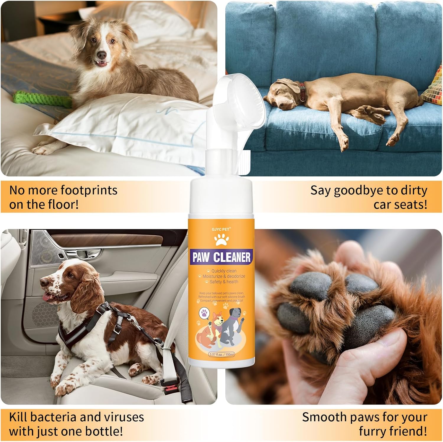 منظف ​​مخالب الكلاب والقطط، رغوة سحرية - منظف رغوي بدون شطف من Clean Paws - شامبو جاف، فرشاة تنظيف القدم - بخلاصة الورد، غسول للتحكم في الرائحة - جيد للجراء