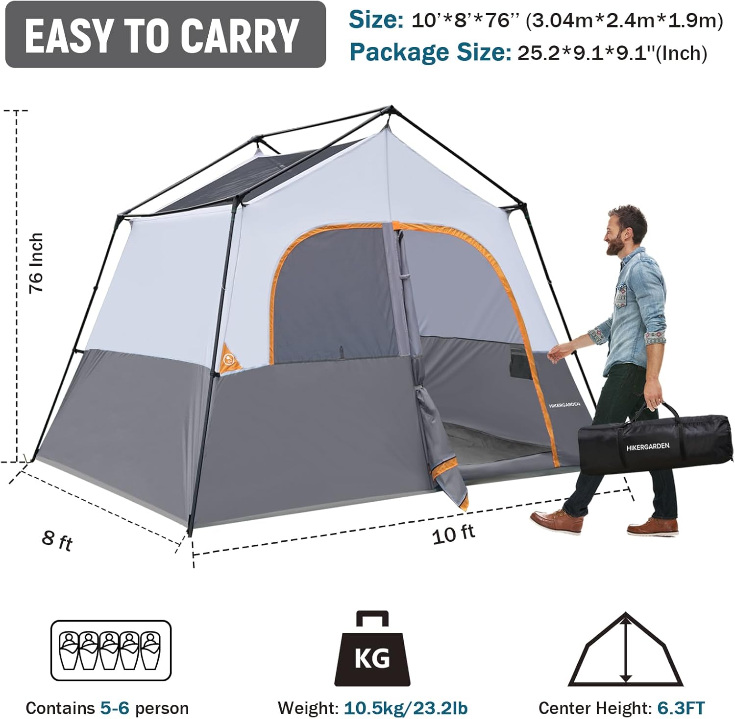 HIKERGARDEN Campingzelt für 6 Personen — Tragbares, einfach aufzubauendes Familienzelt für das Camp, winddichtes Außenzelt aus Stoff zum Wandern, Rucksackreisen, Reisen
